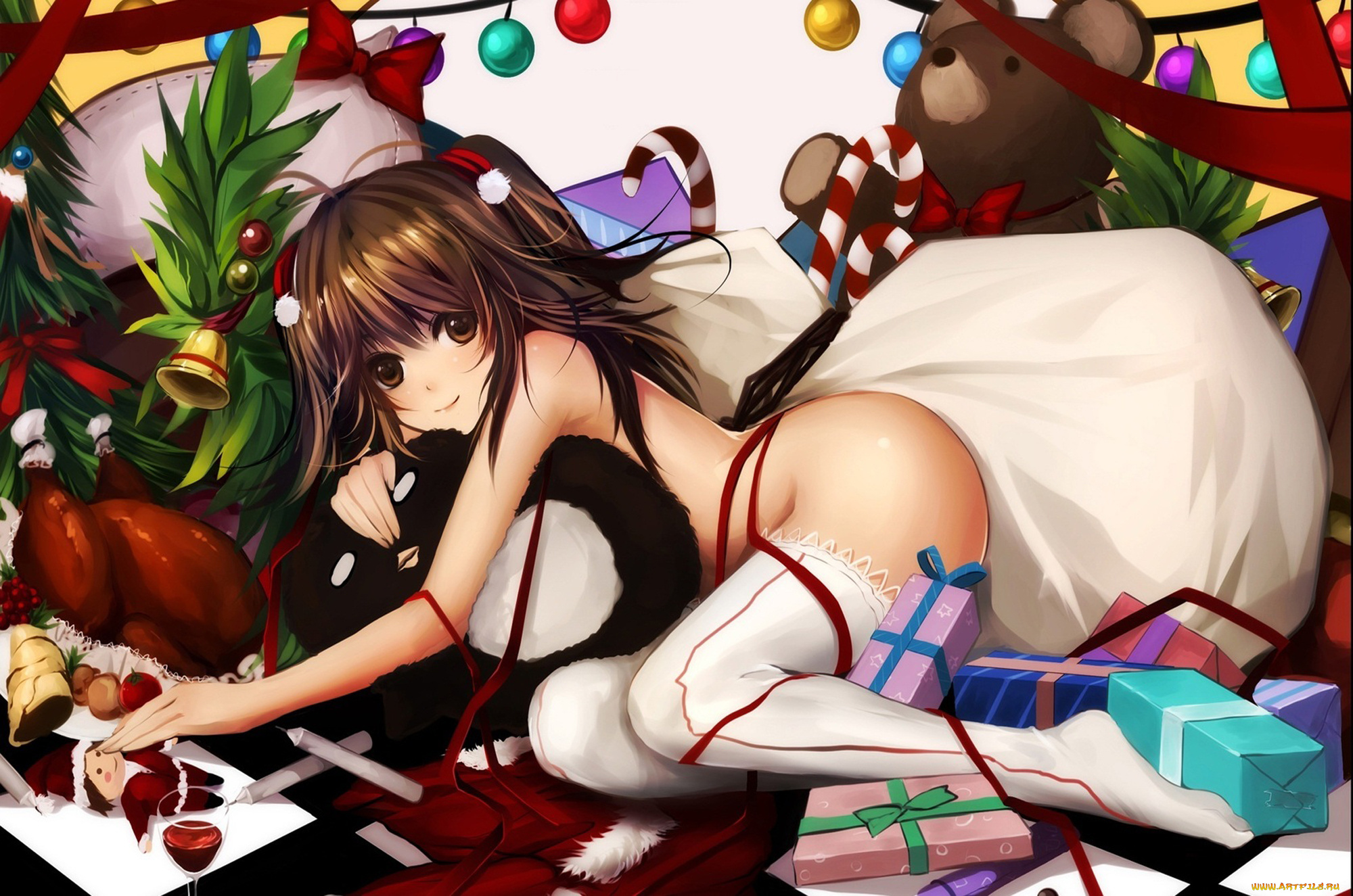 аниме, merry, chrismas, winter, чулки, лента, вино, игрушки, девушка, новый, год, подарки