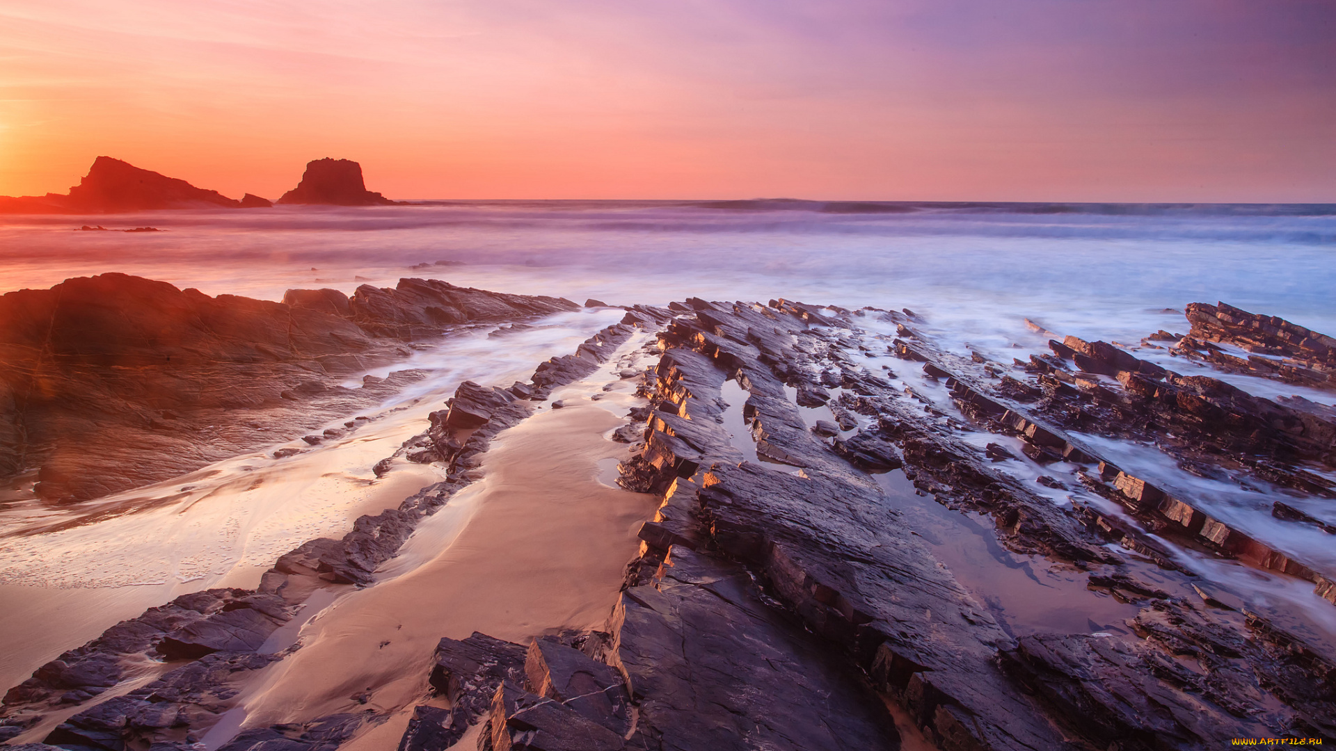 природа, побережье, скалы, море, закат, камни