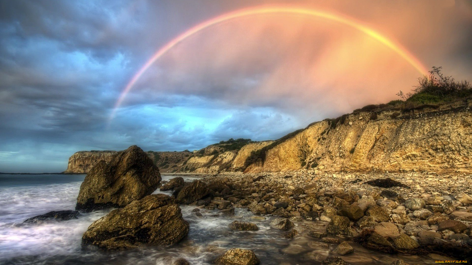 природа, радуга, берег, камни, волны