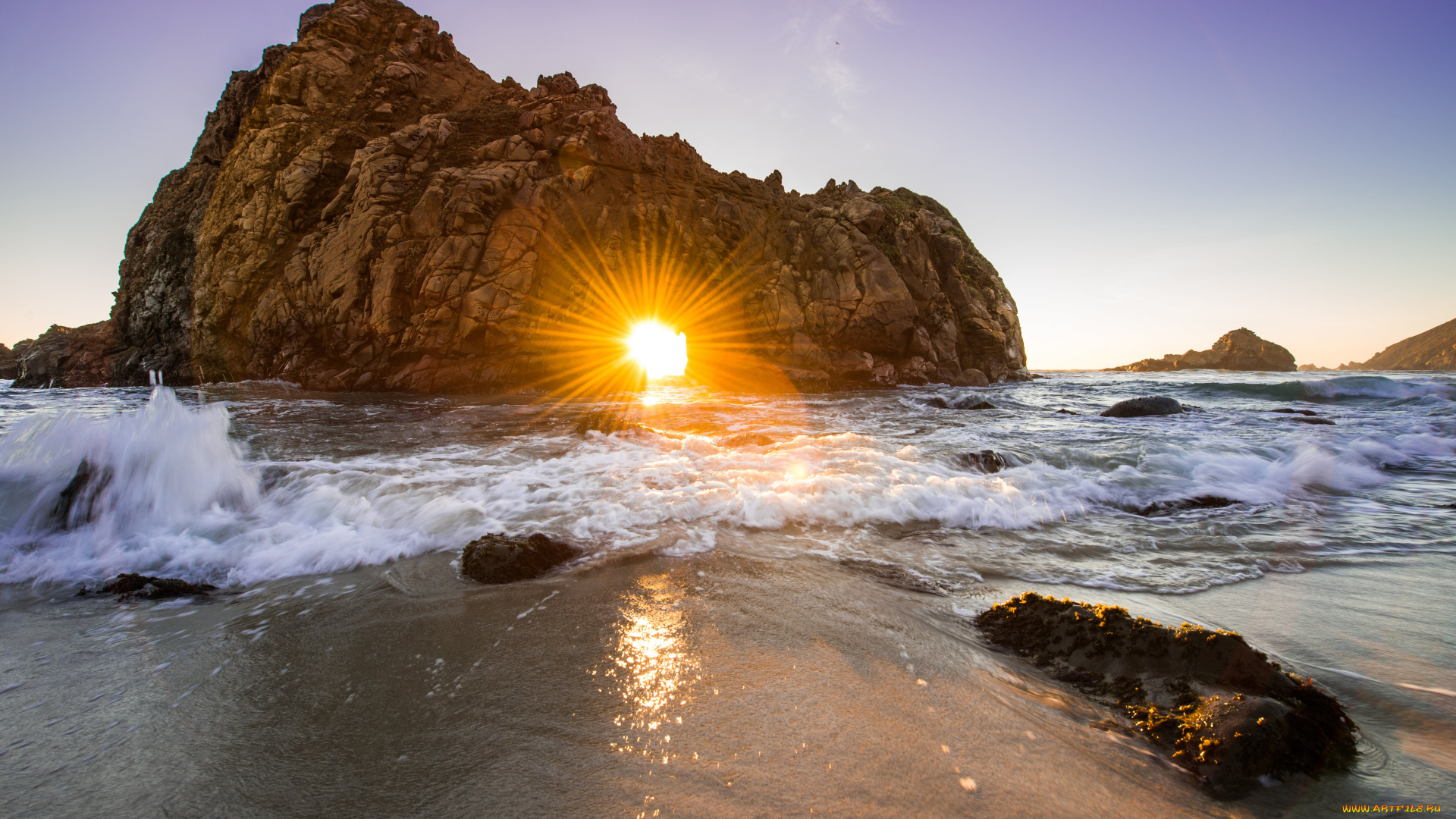 природа, восходы, закаты, прибой, калифорния, тихий, океан, побережье, солнце, пляж, вода, волны