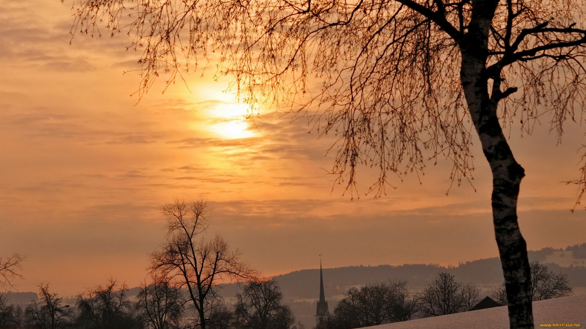 природа, зима, тучи, солнце, вечер