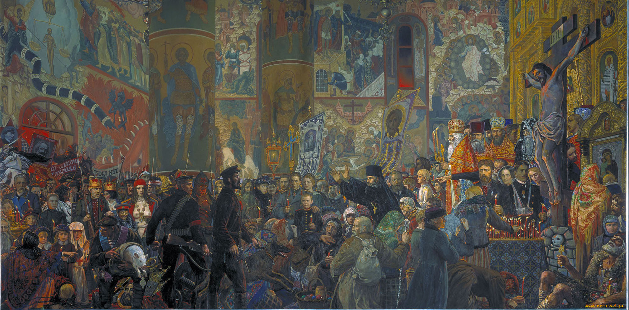 разгром, храма, пасхальную, ночь, рисованные, илья, глазунов, люди