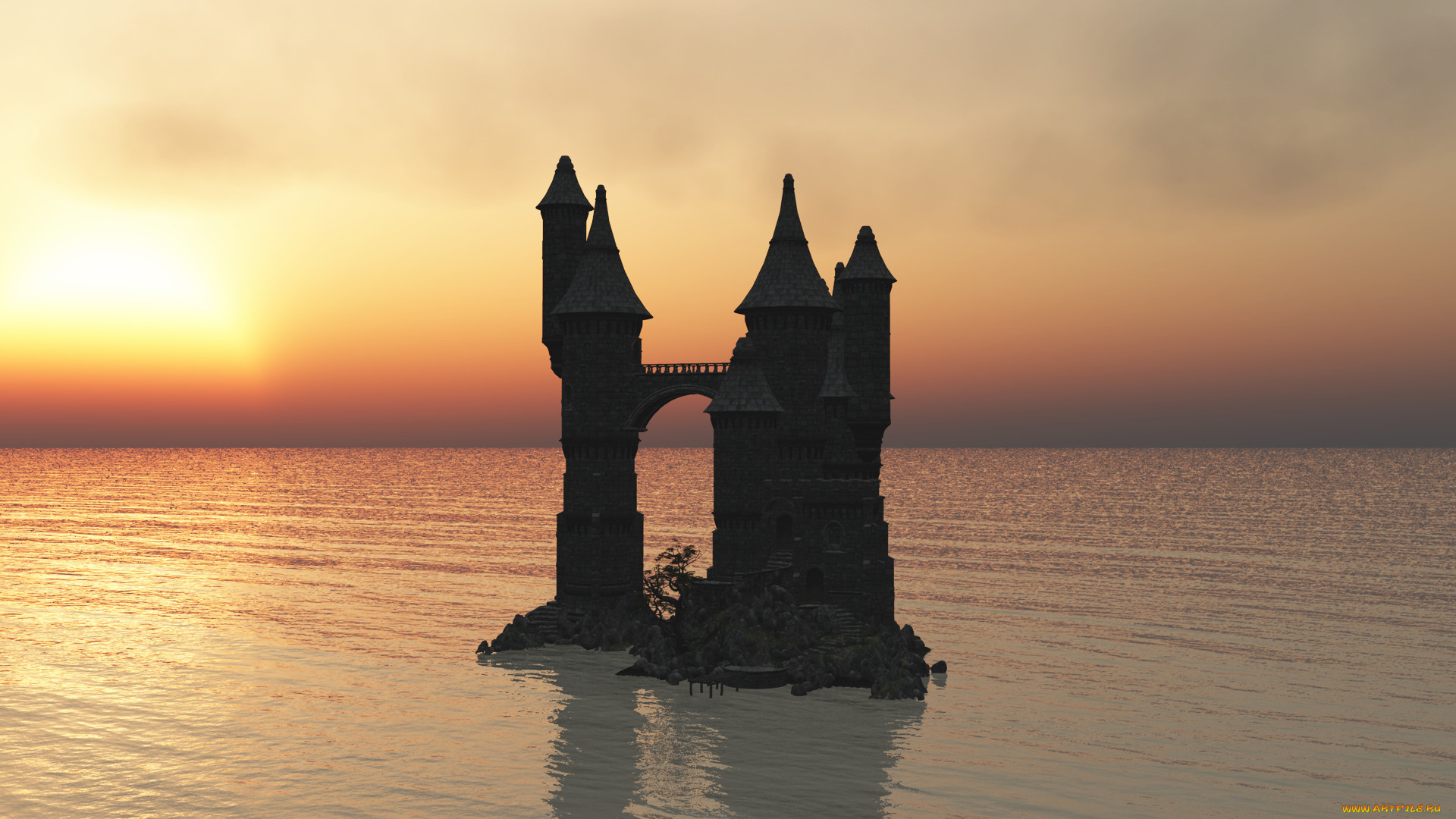 3д, графика, architecture, , архитектура, закат, замок, вода