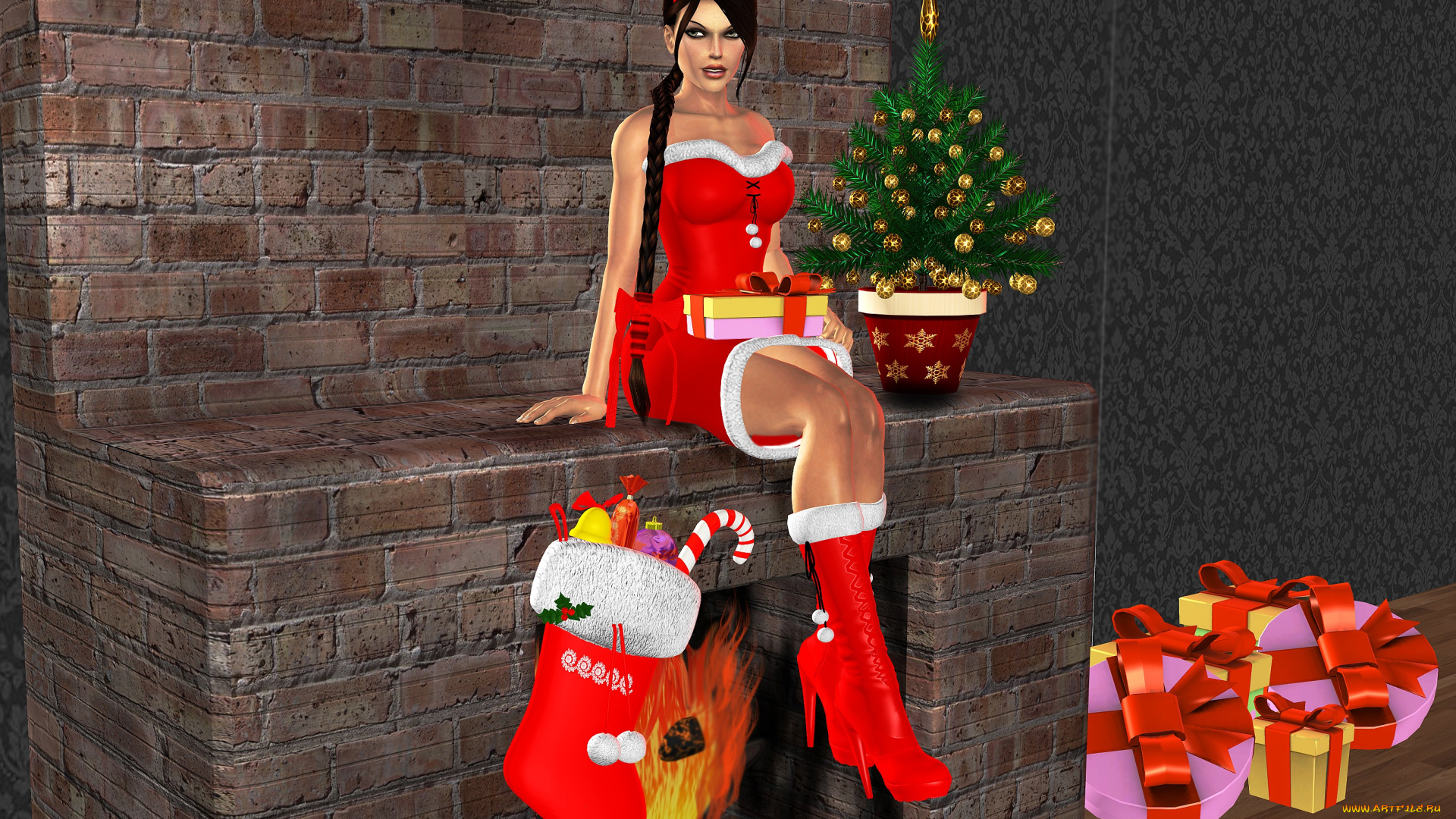 3д, графика, holidays, , праздники, камин, подарки, елка, девушка