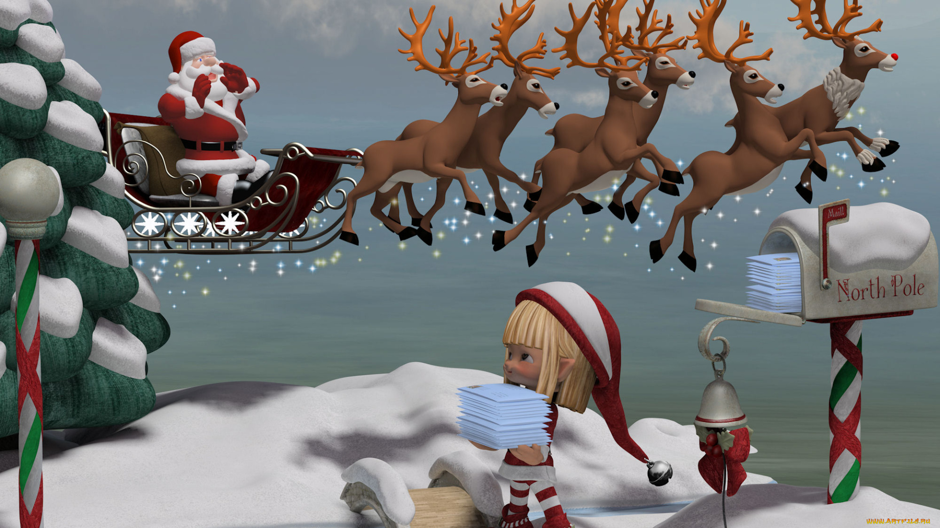3д, графика, holidays, , праздники, санта, клаус, олени, снег