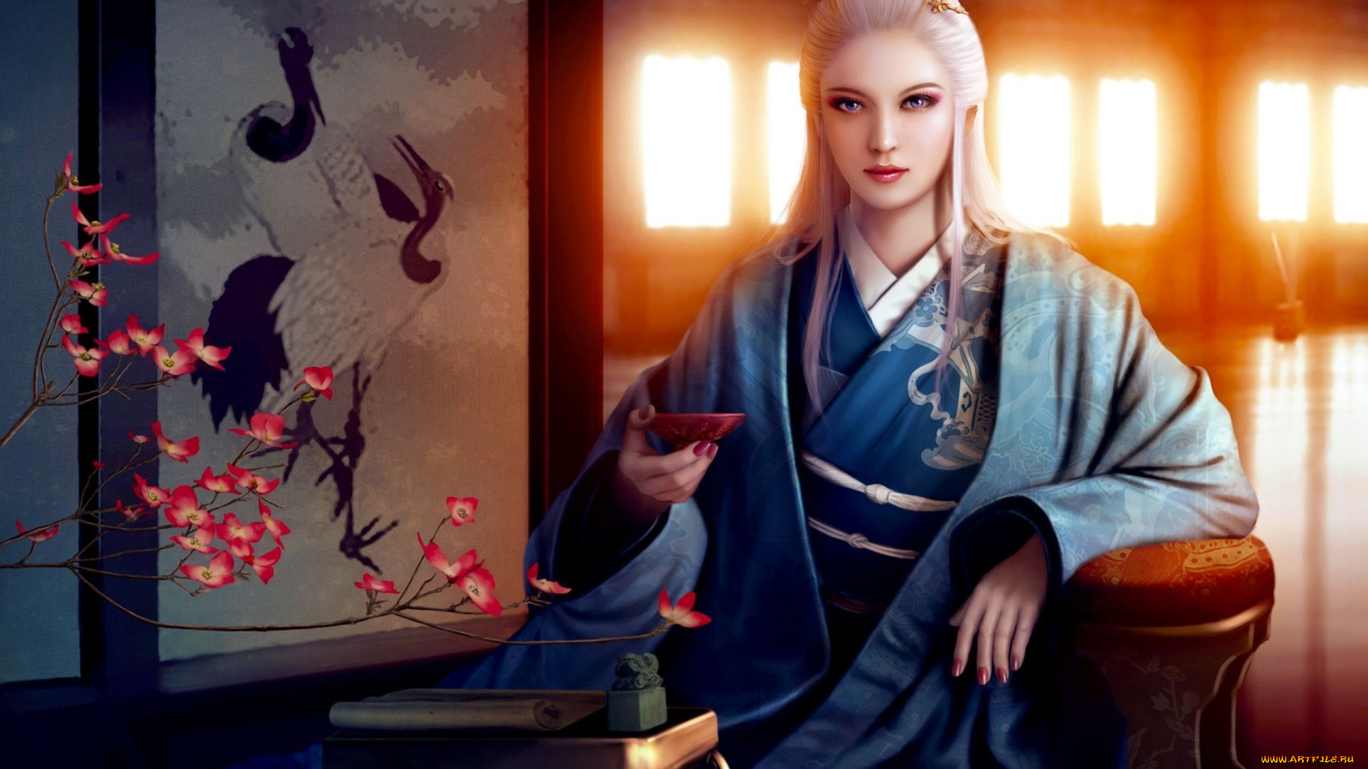 фэнтези, девушки, сакура, журавли, девушка, столик, кимоно