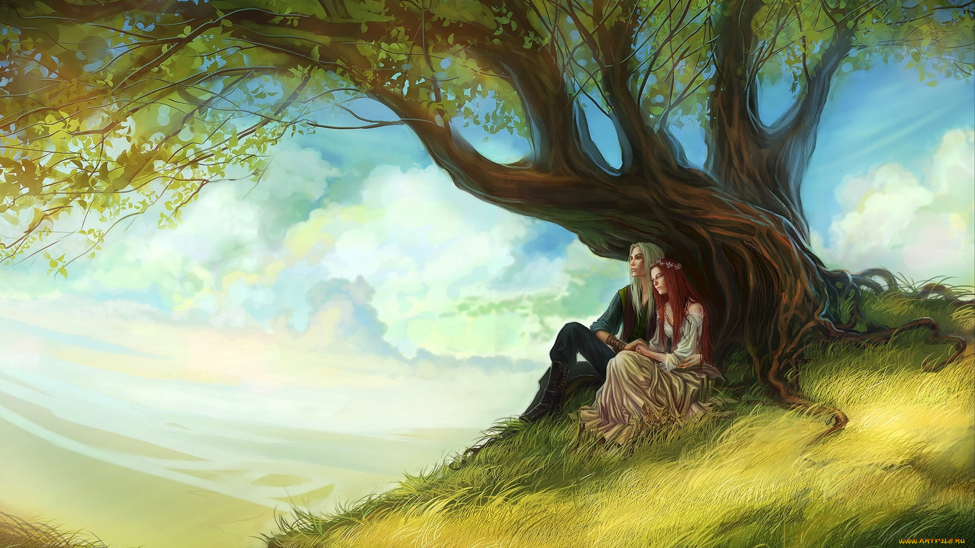 фэнтези, люди, дерево, парень, девушка, лужайка, трава