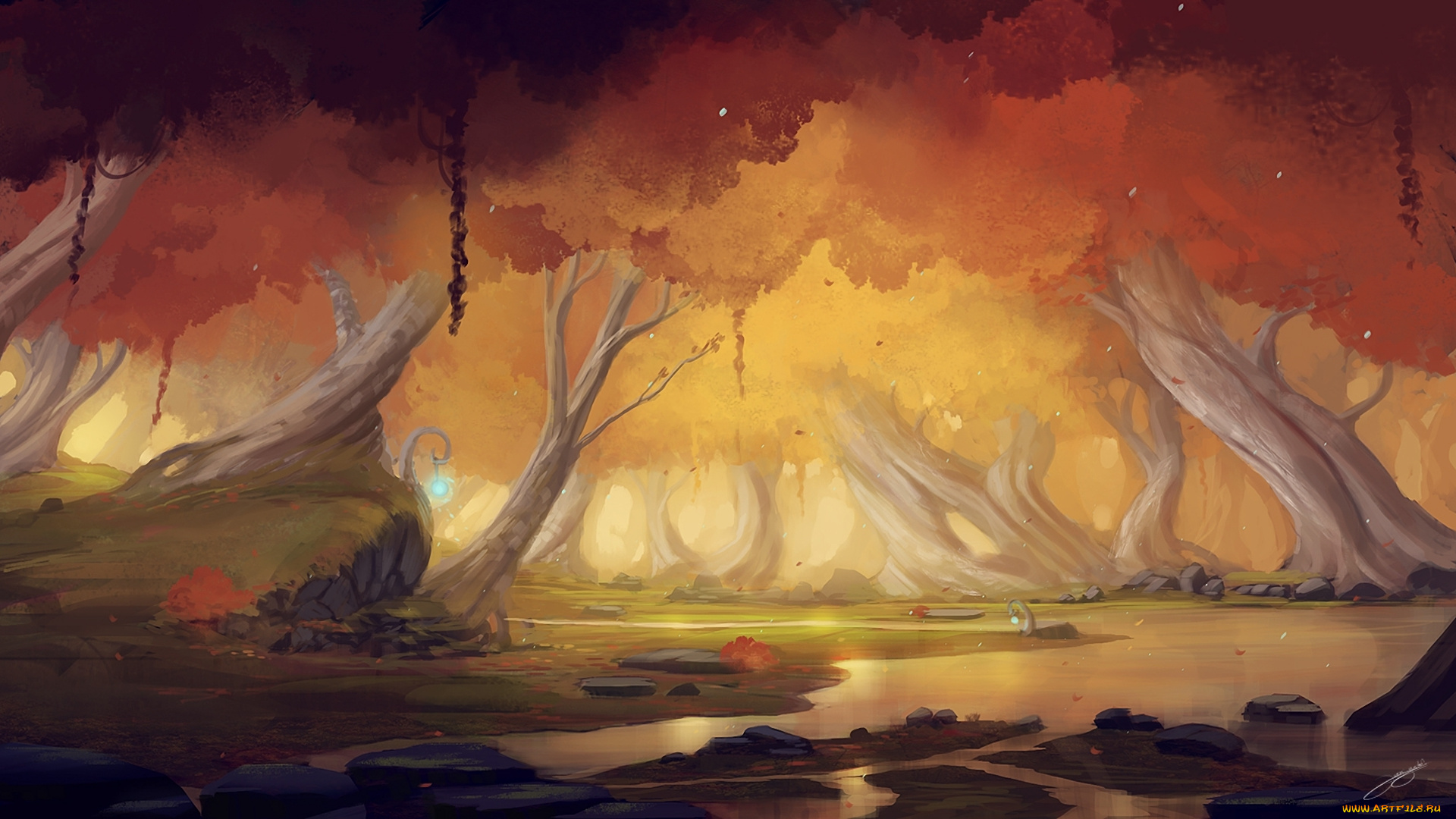 фэнтези, пейзажи, река, деревья, лес, фонари