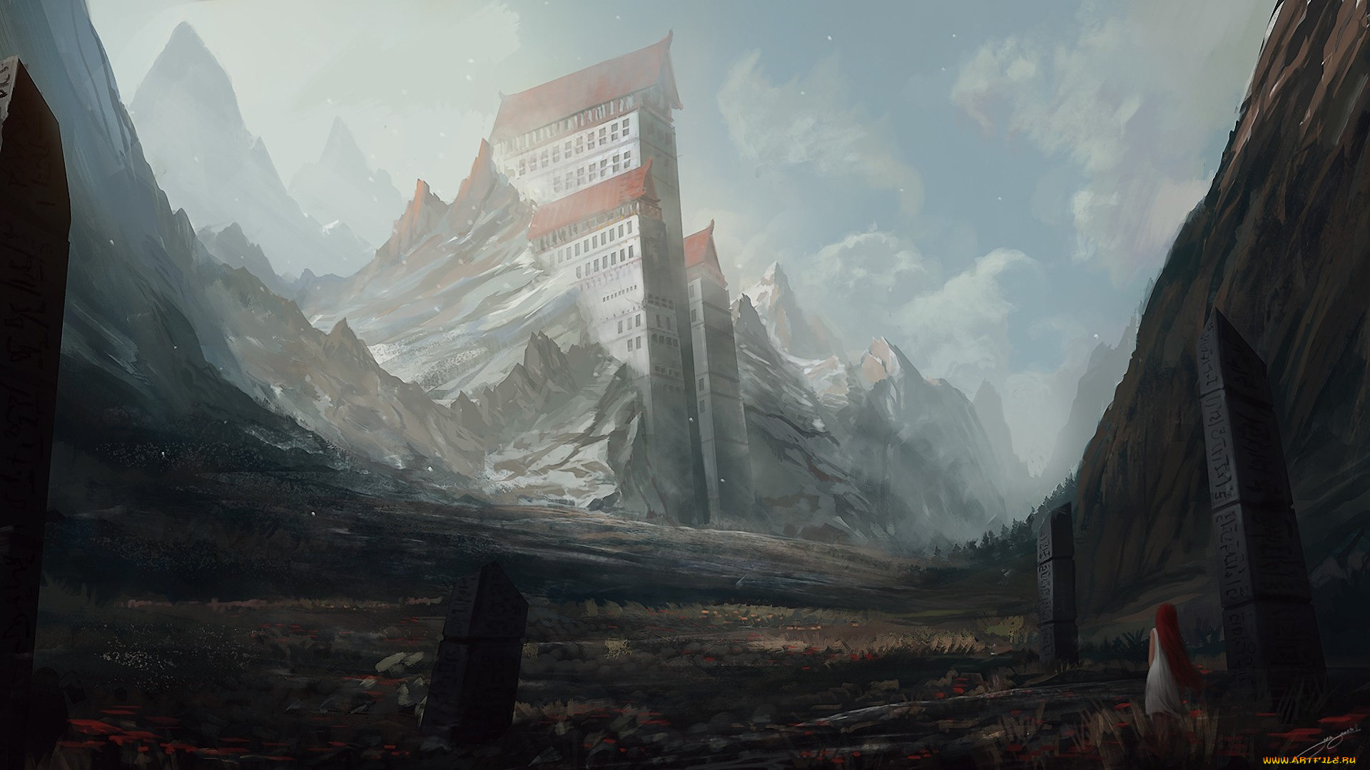 фэнтези, замки, девушка, обелиски, равнина, горы, здания