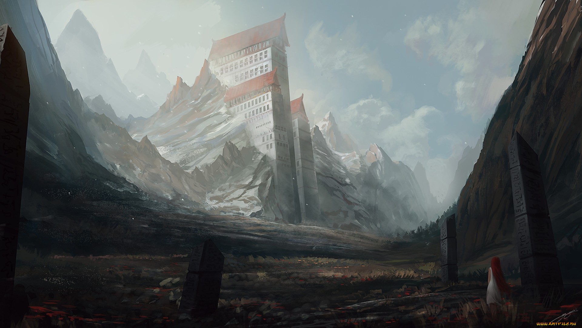 фэнтези, замки, девушка, обелиски, равнина, горы, здания