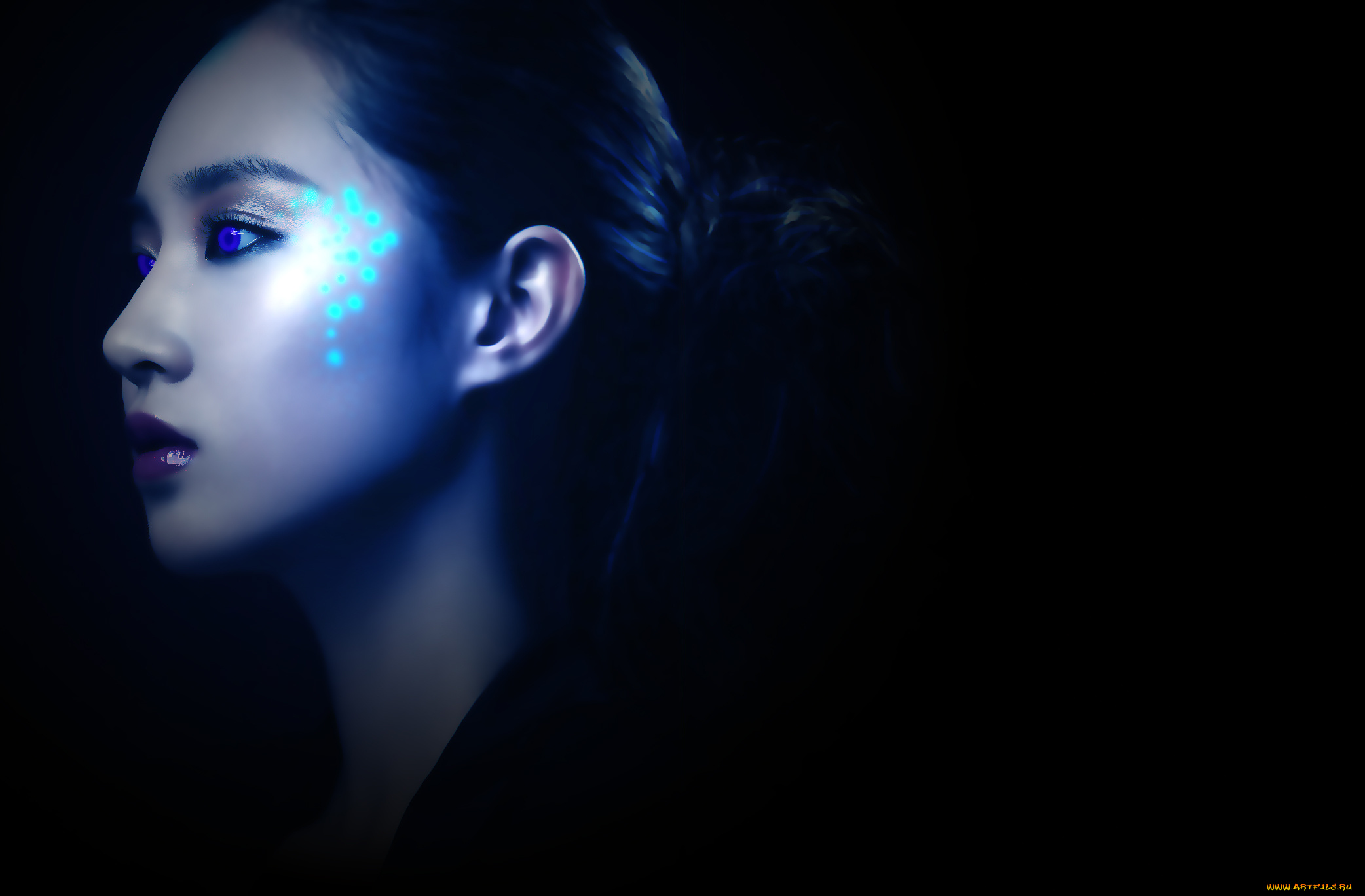 3д, графика, portraits, , портрет, девушка, азиатка, лицо, профиль, черный, фон, синие, глаза, губы
