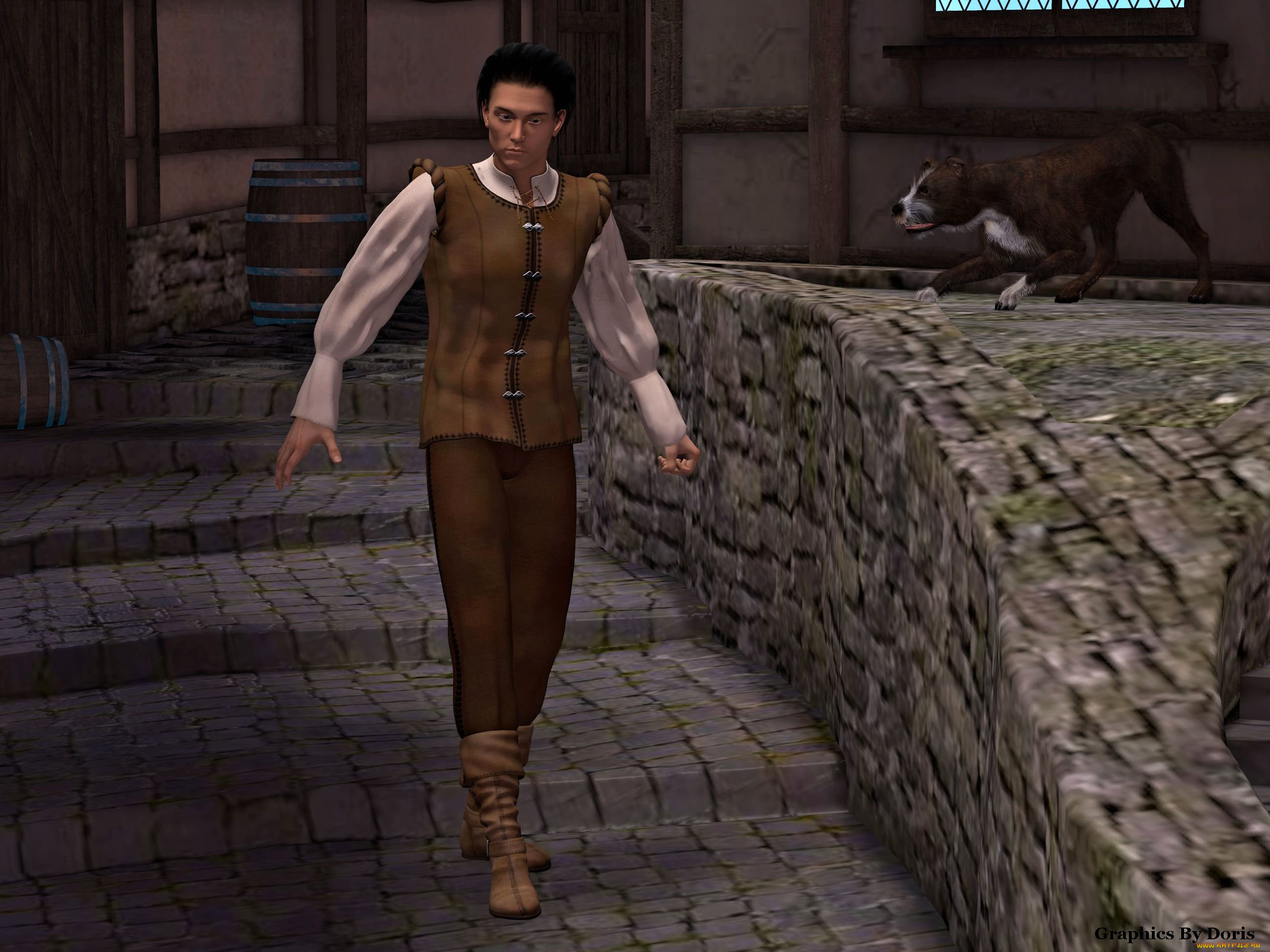 3д, графика, people, , люди, лесница, собака, мужчина