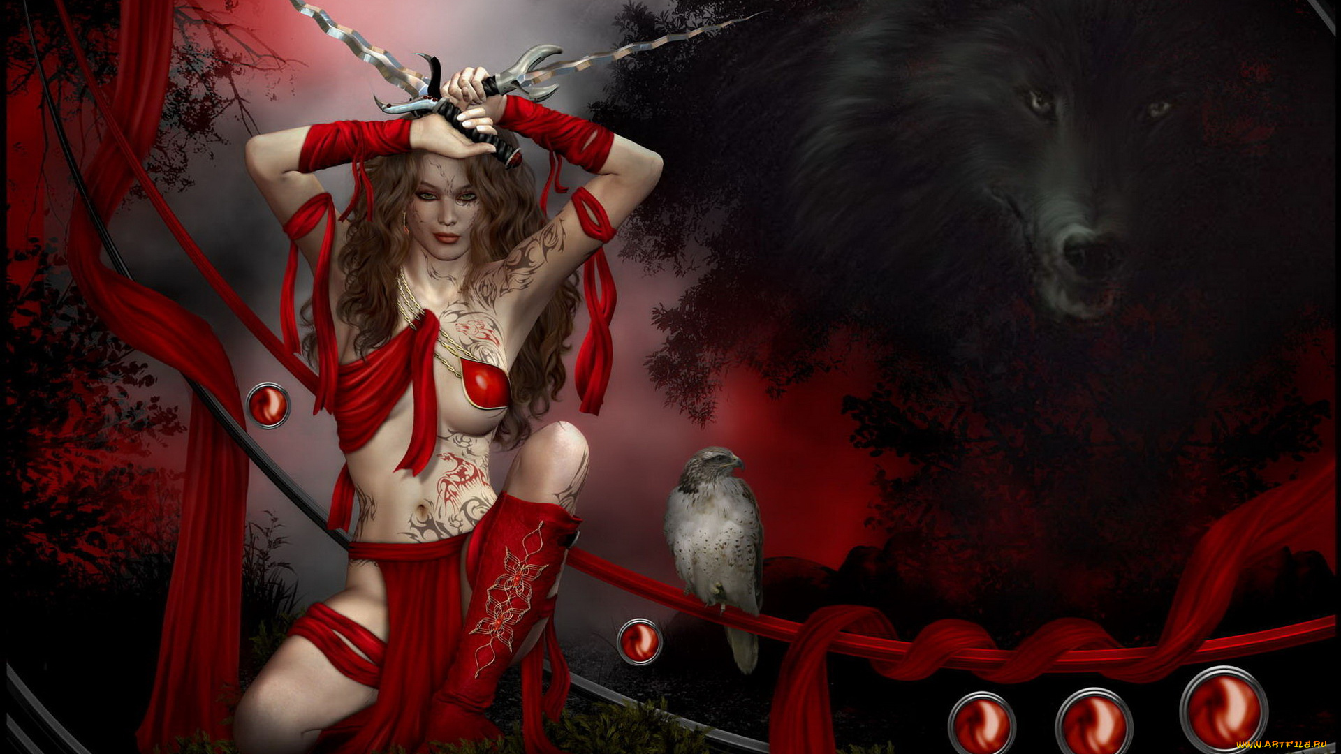 3д, графика, фантазия, , fantasy, взгляд, меч, сокол, фон, волк, девушка