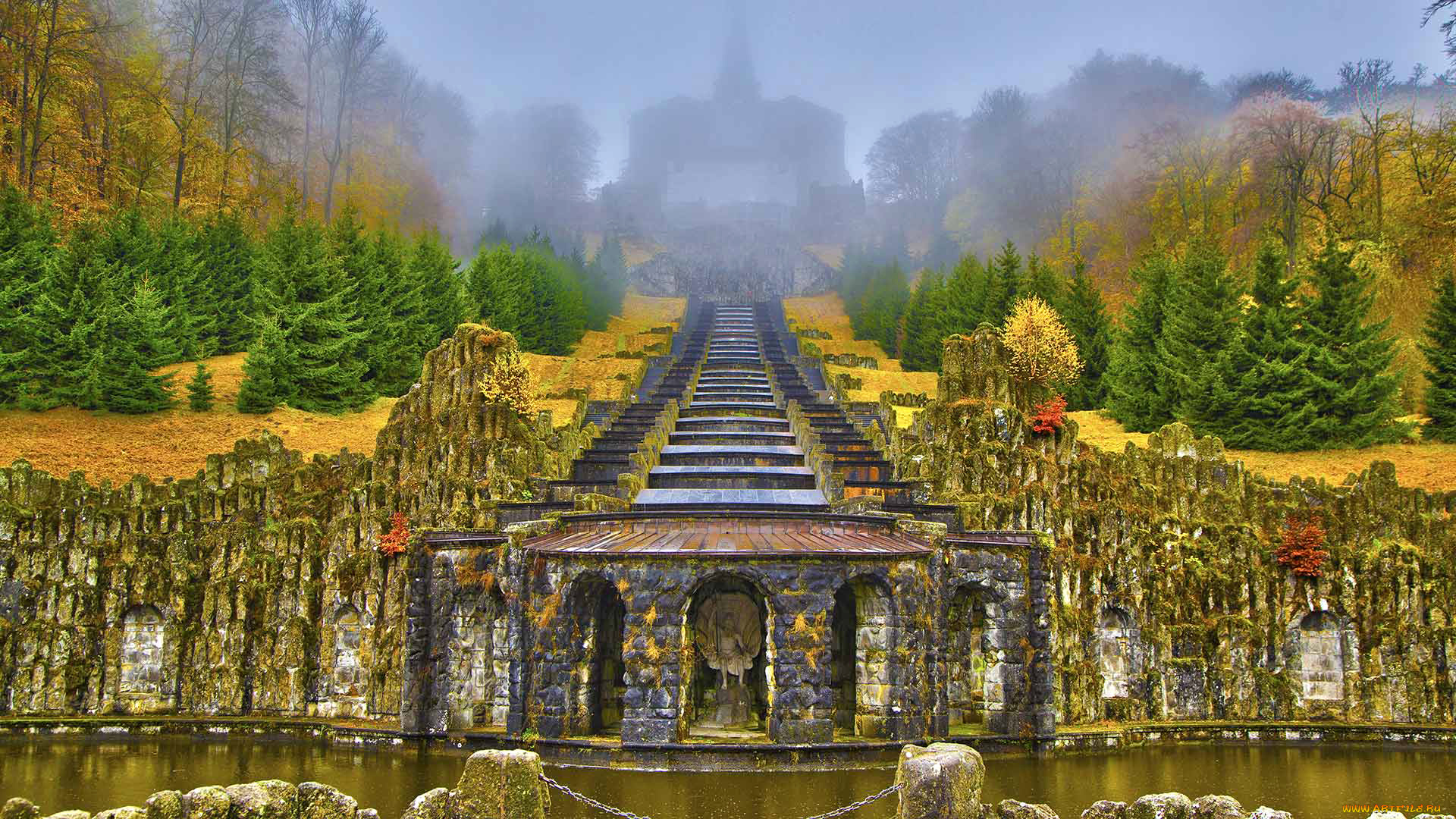 города, -, исторические, , архитектурные, памятники, горный, парк, вильгельмсхёэ, кассель, гессен, германия, каскад, водопад, осень, ель, деревья, туман