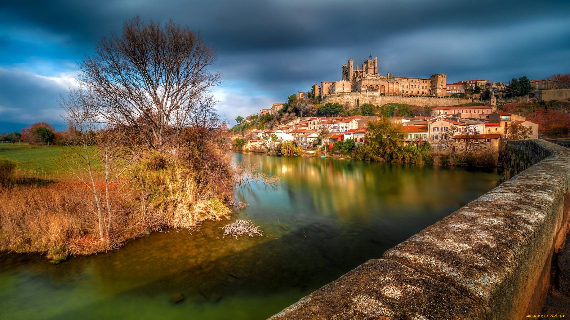 города, -, католические, соборы, , костелы, , аббатства, безье, франция, собор, святых, назария, и, цельсия, холм, дома, река, мост, пейзаж