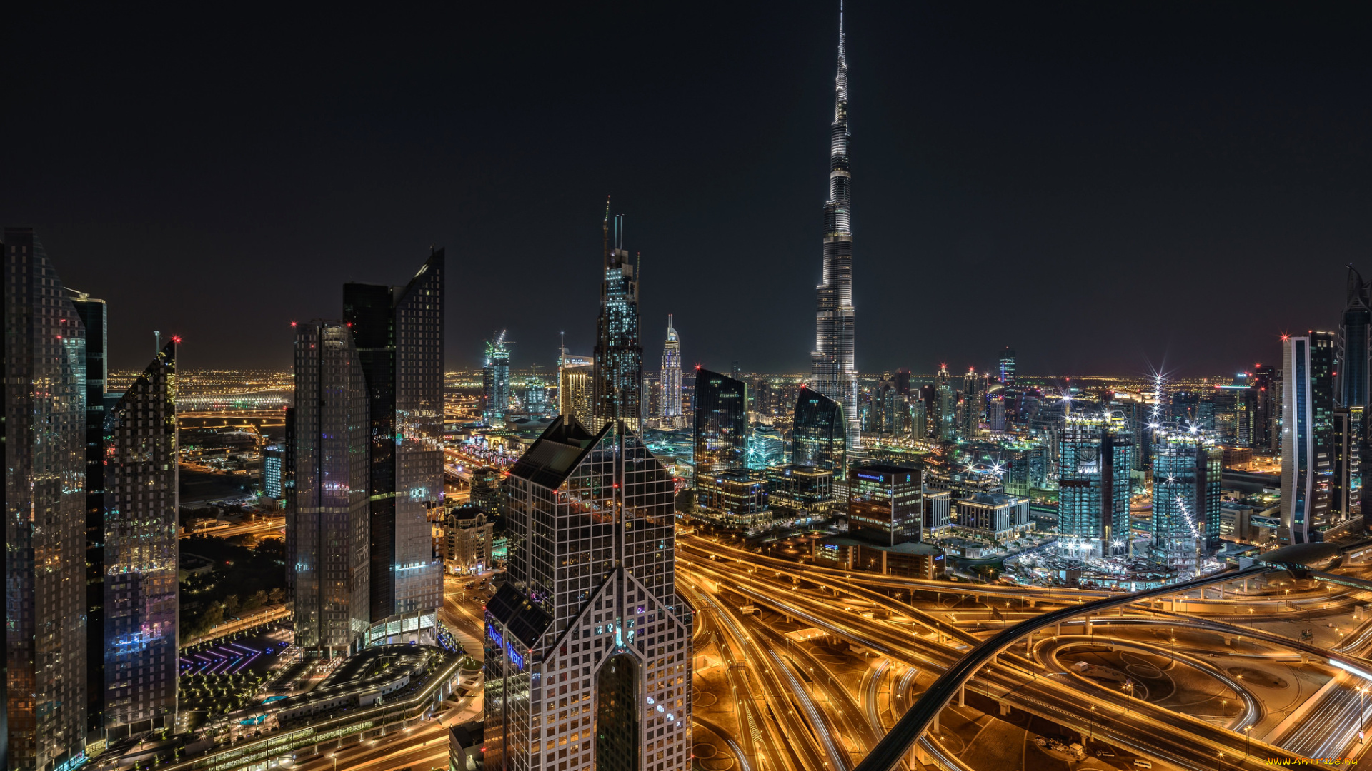 города, дубай, , оаэ, дубай, бурдж-халифа, дома, панорама, огни, ночь