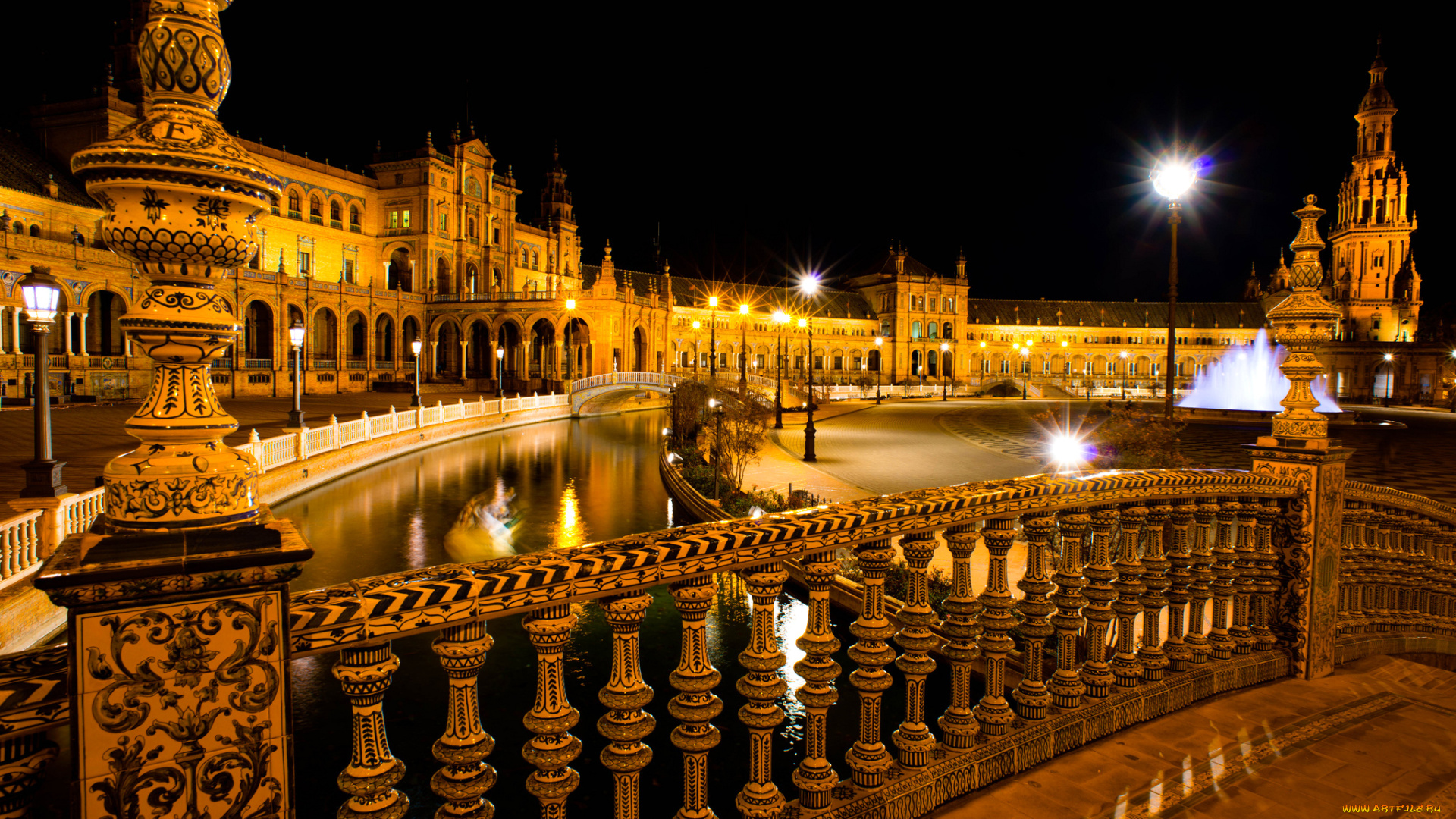 города, севилья, , испания, севилья, площадь, испании, ночь, огни