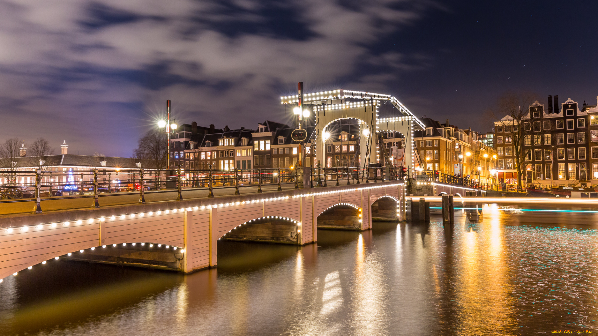 magere, brug, , amsterdam, города, амстердам, , нидерланды, ночь, канал, мост, огни