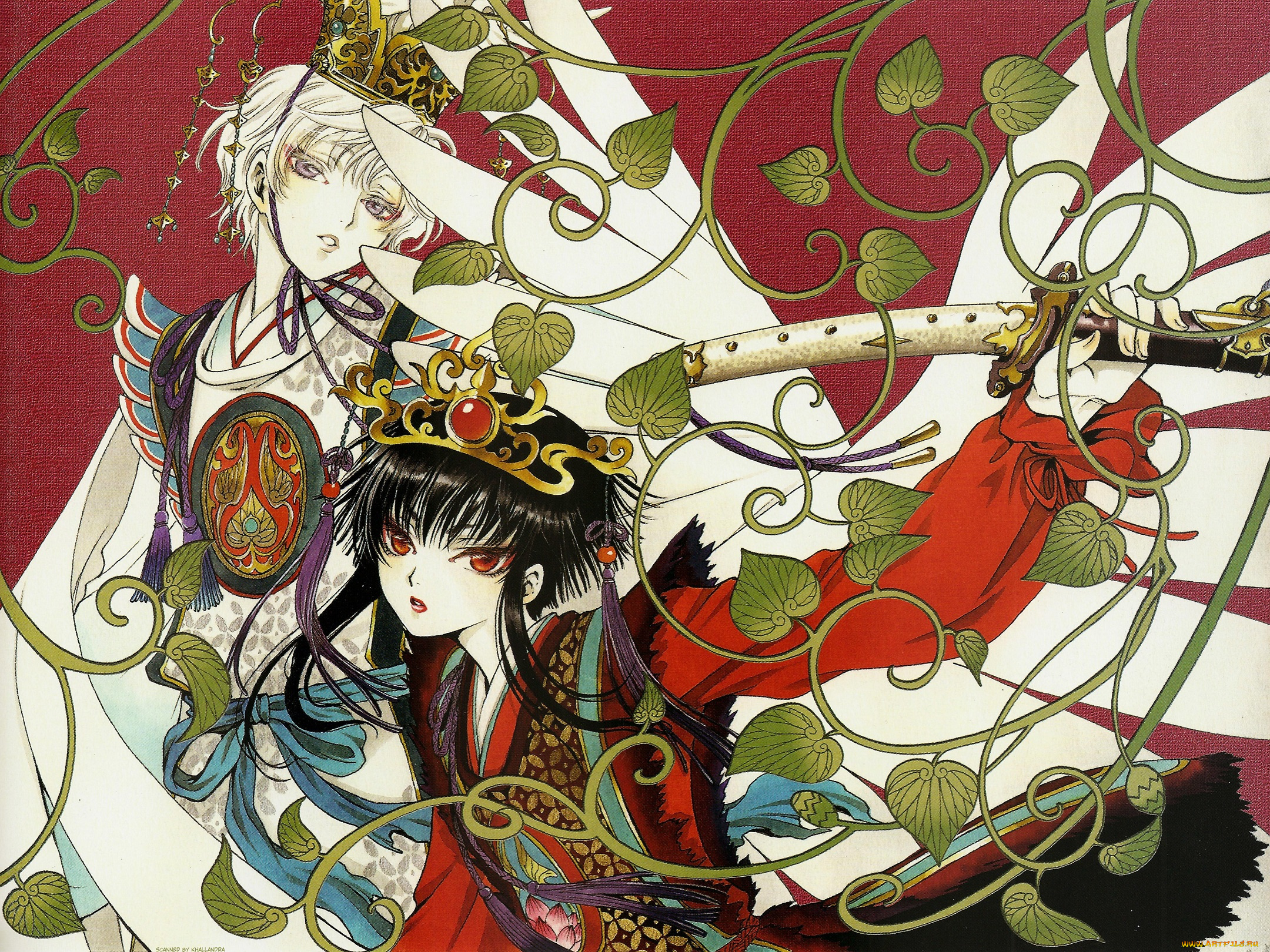 аниме, оружие, , техника, , технологии, clamp, art, корона, рукоятка, катана, tkugawa, lemitsu, крылья, костюм, красные, глаза, листья, hana, gate, 7