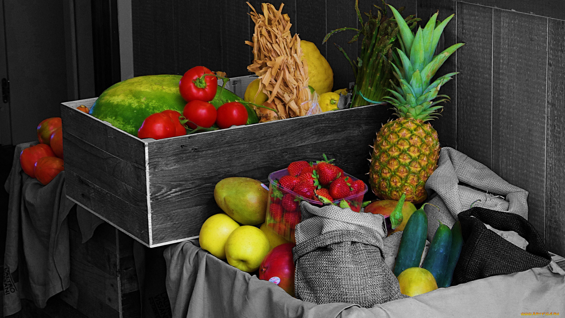 еда, фрукты, и, овощи, вместе, склад