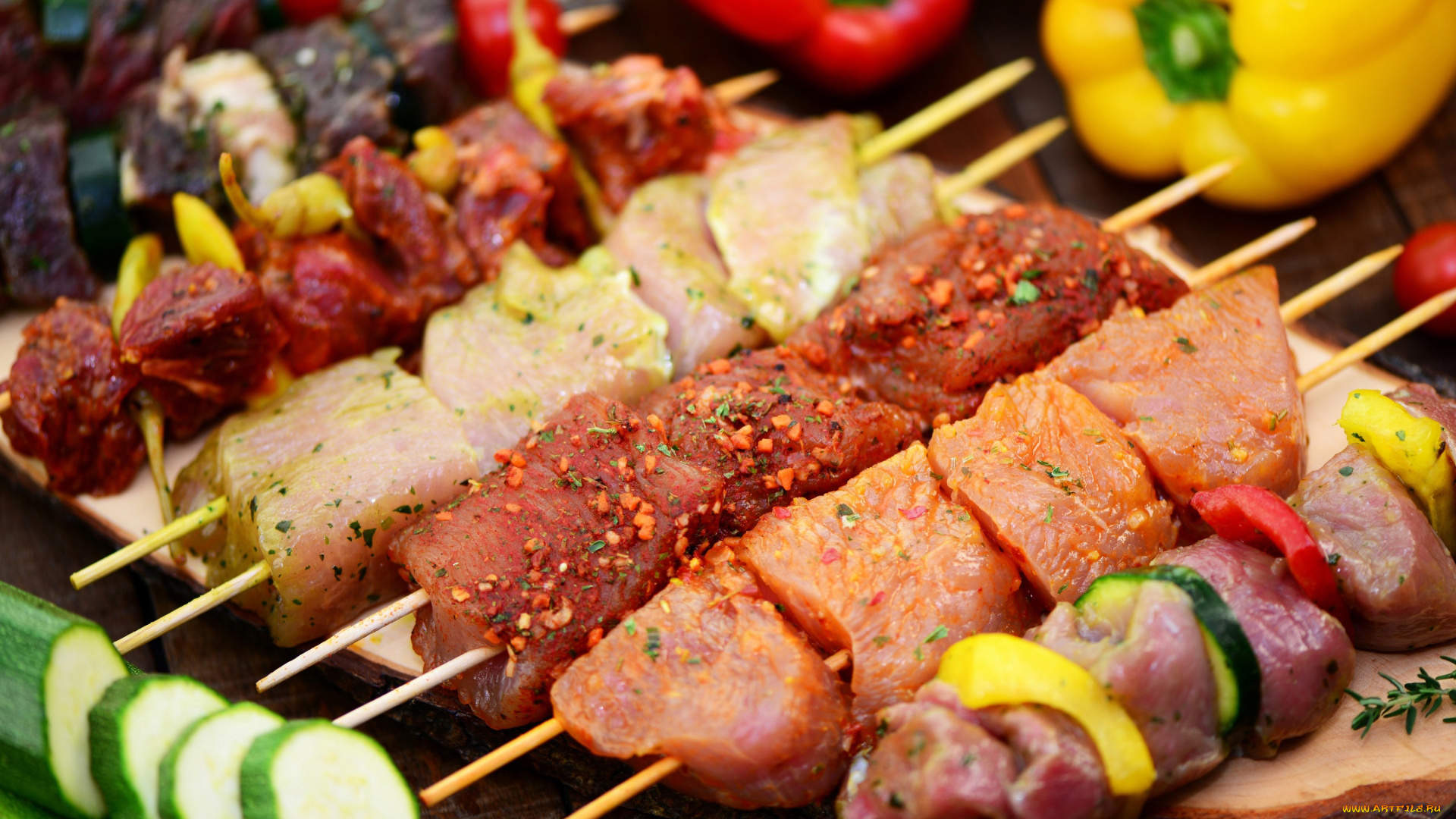 еда, шашлык, , барбекю, шпажки, мясо, перец, цуккини