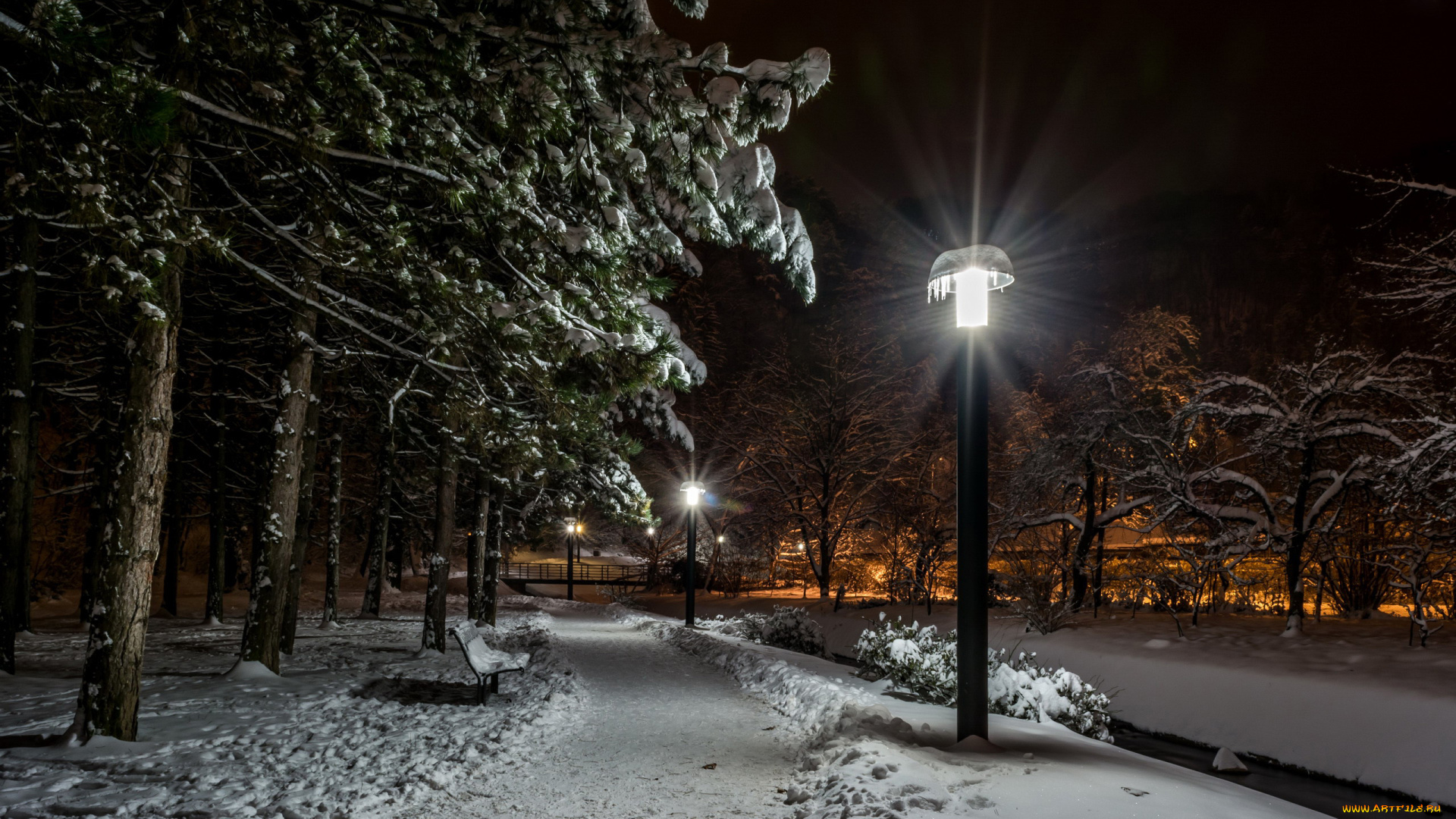 природа, парк, вечер, фонари, аллея, зима