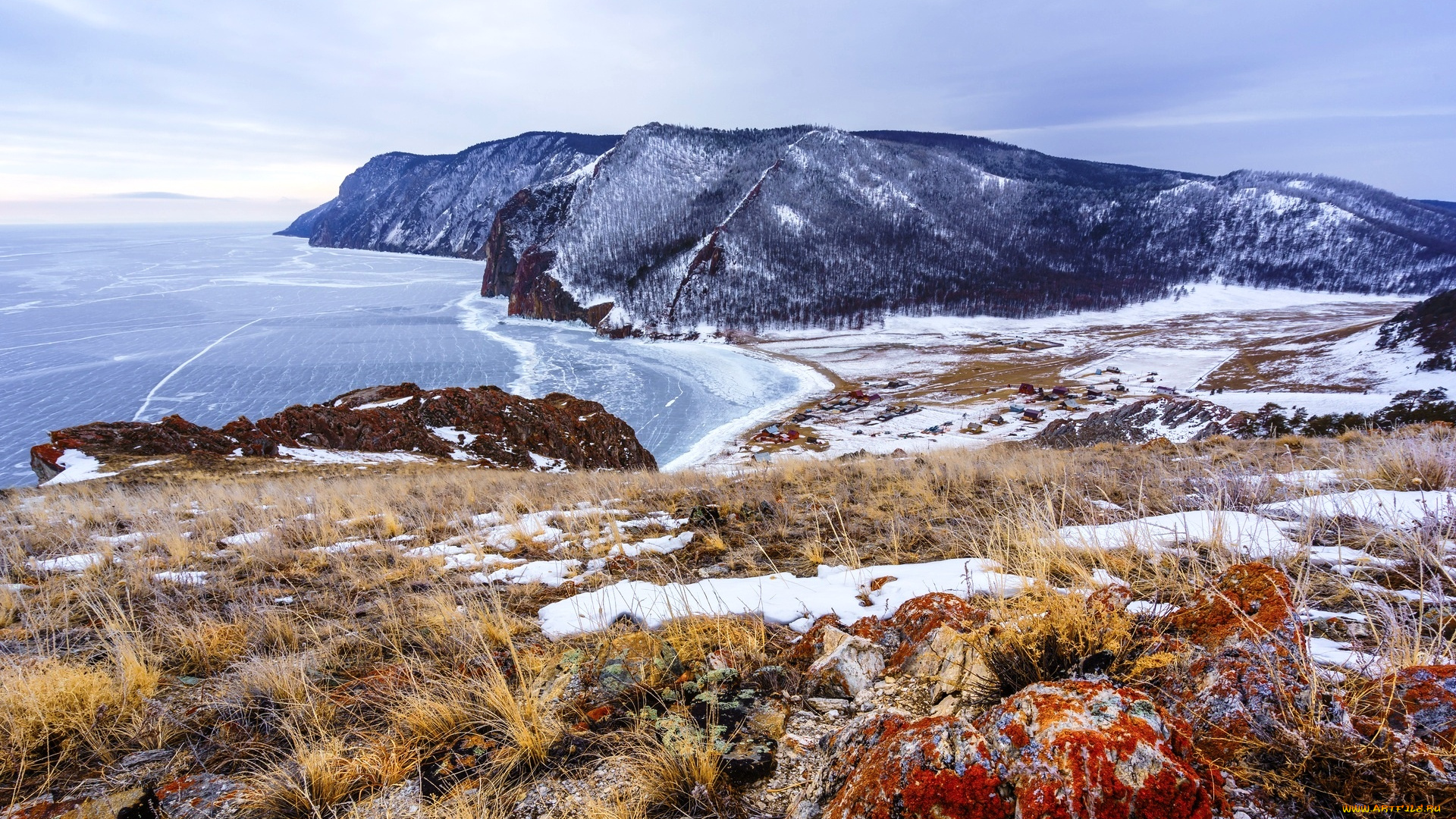 природа, побережье, море, берег, скалы, снег, зима, трава, камни