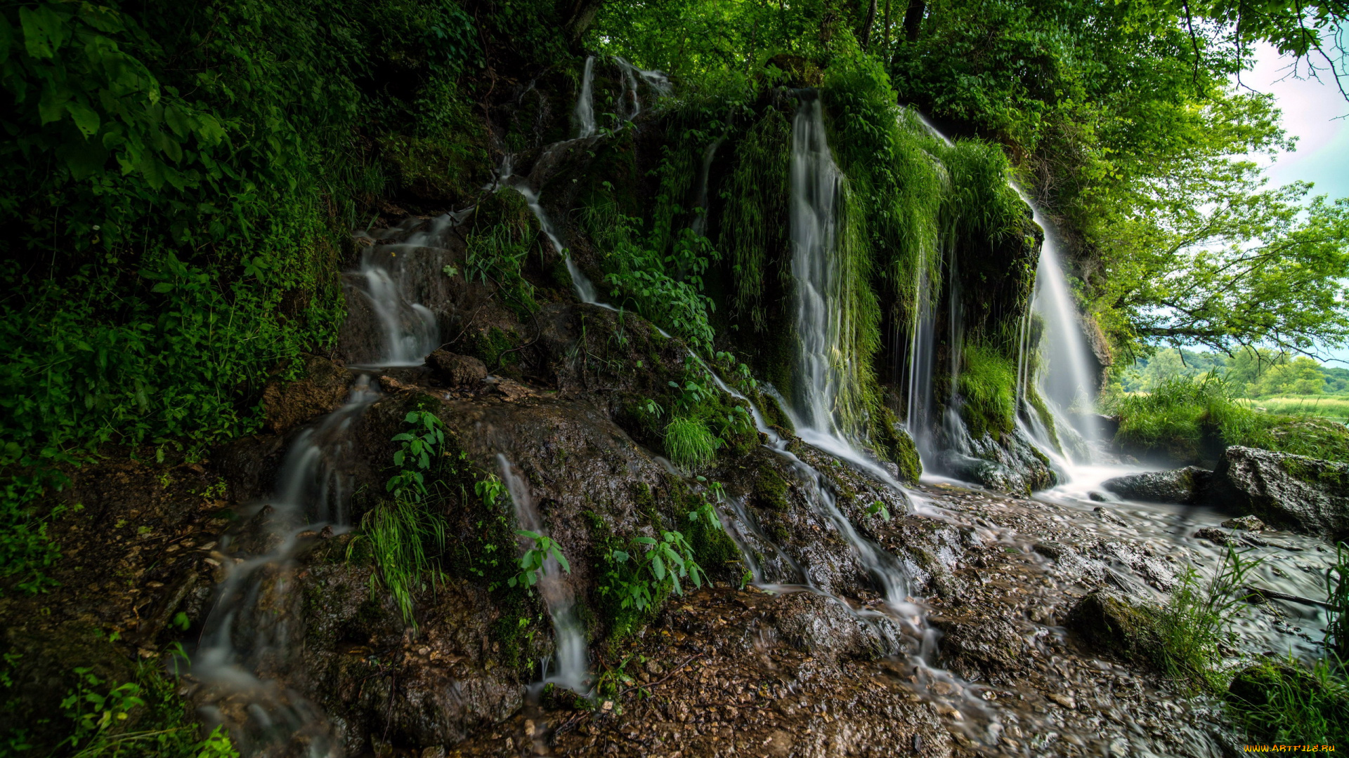 природа, водопады, зелень, потоки