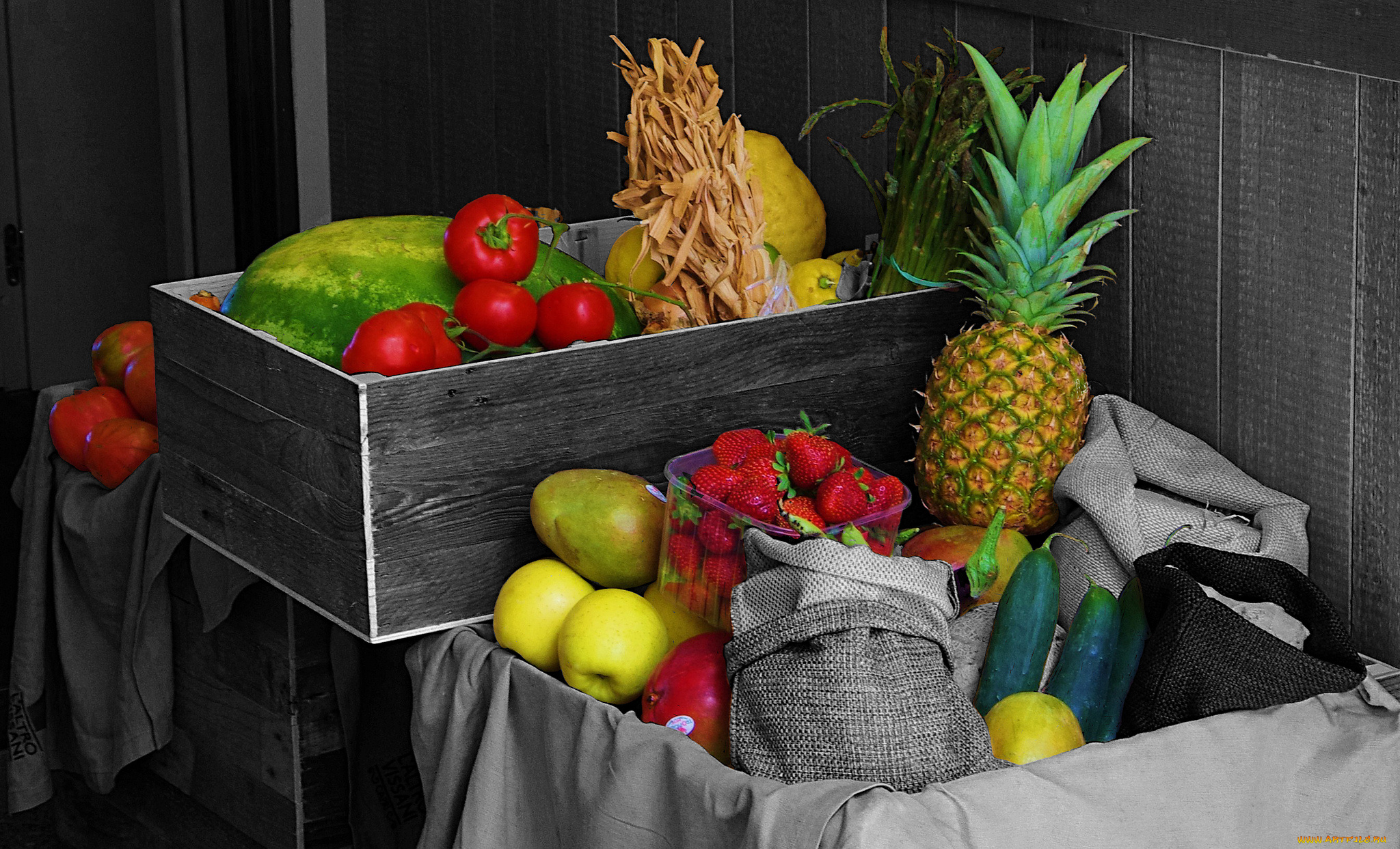 еда, фрукты, и, овощи, вместе, склад