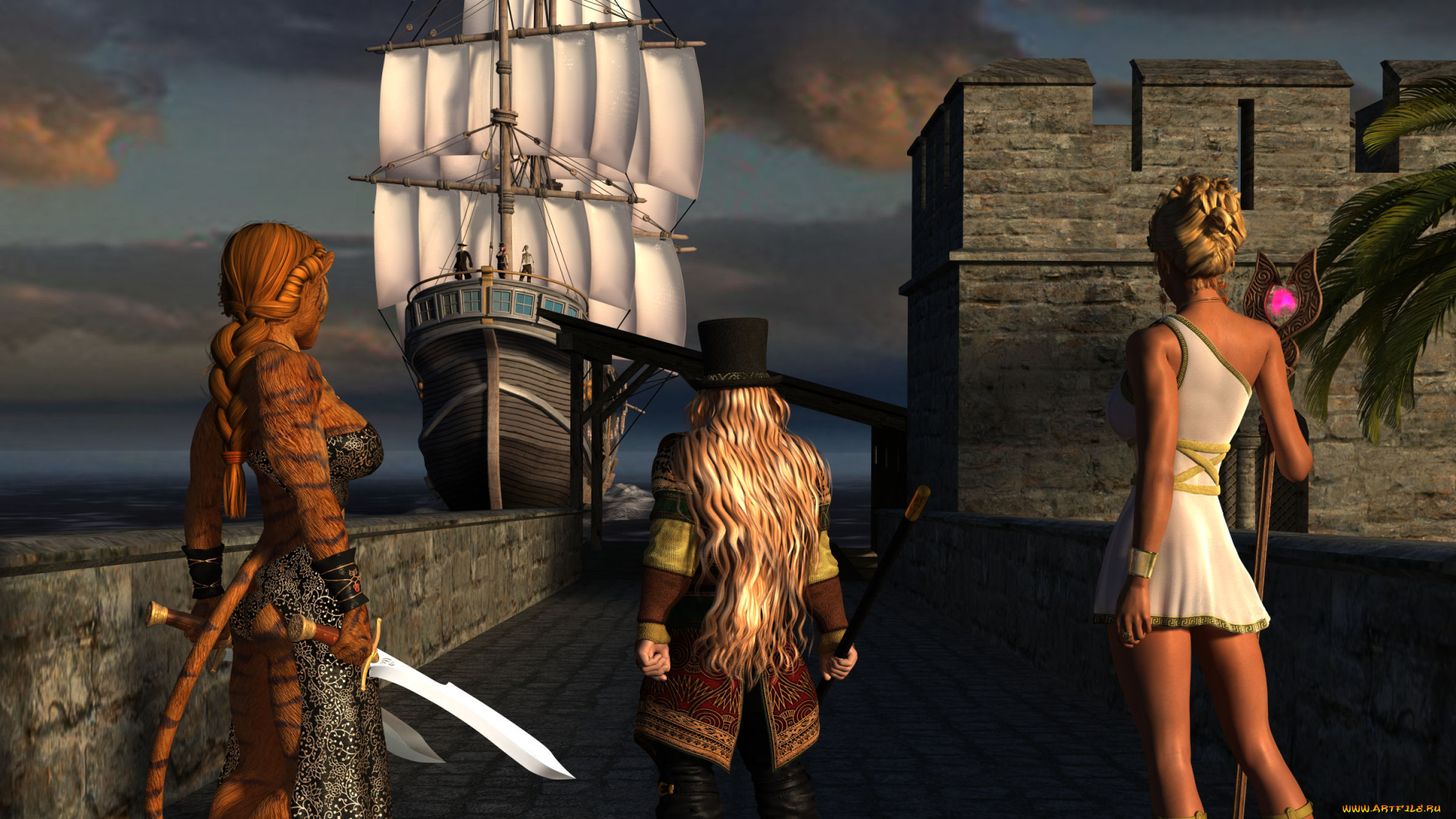 3д, графика, фантазия, , fantasy, девушки, взгляд, фон