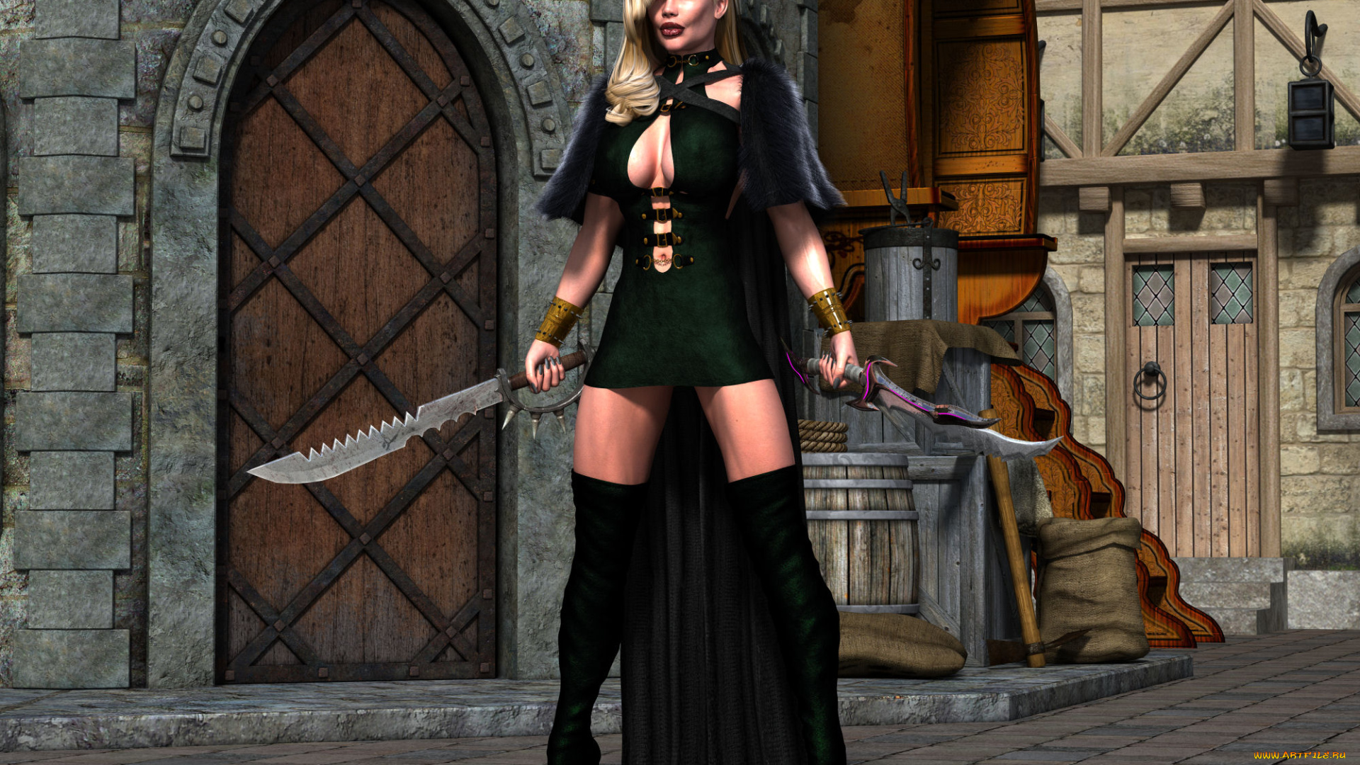 3д, графика, фантазия, , fantasy, фон, взгляд, девушка, оружия, грудь