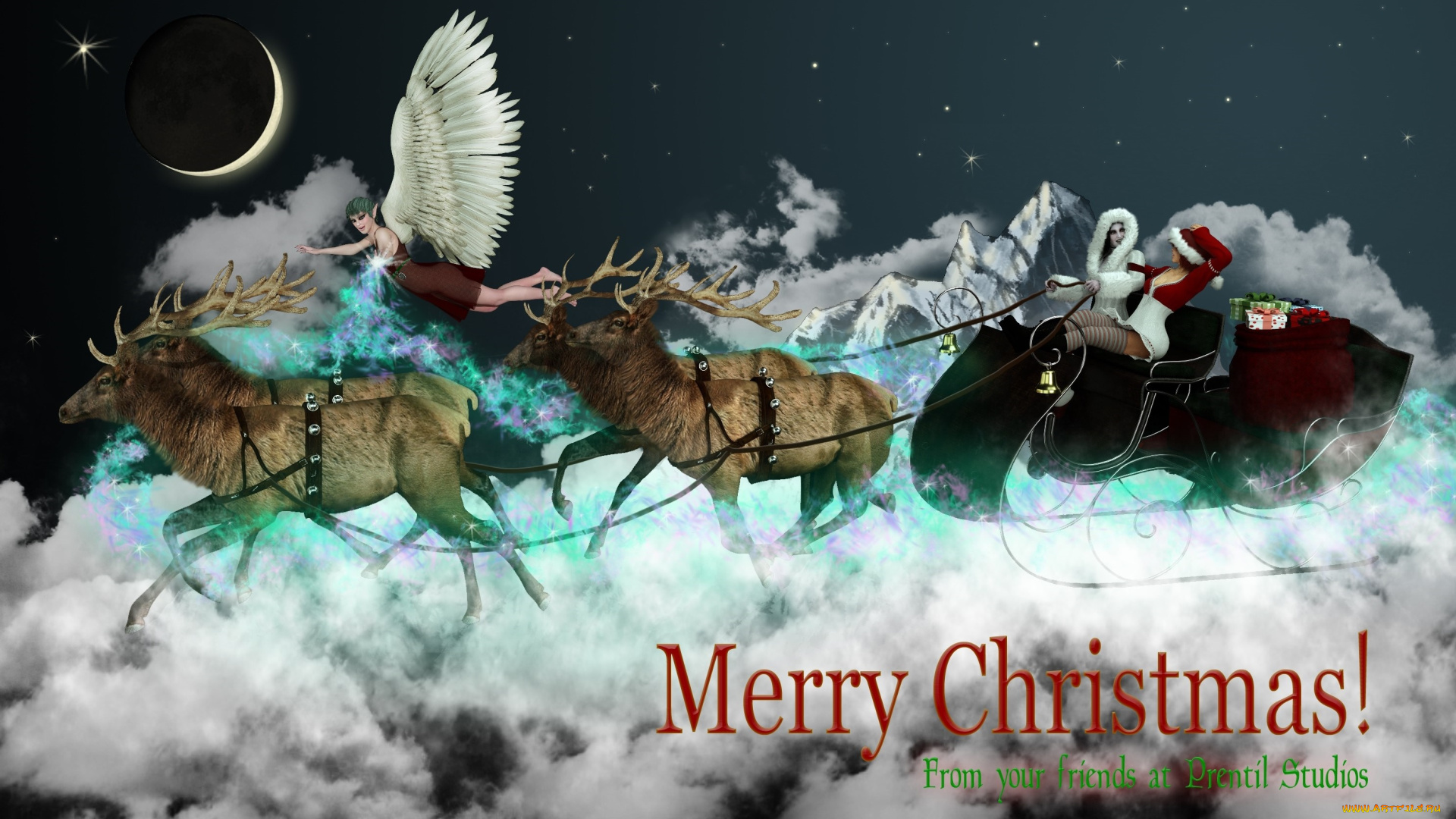 3д, графика, праздники, , holidays, олени, фон, взгляд, девушки