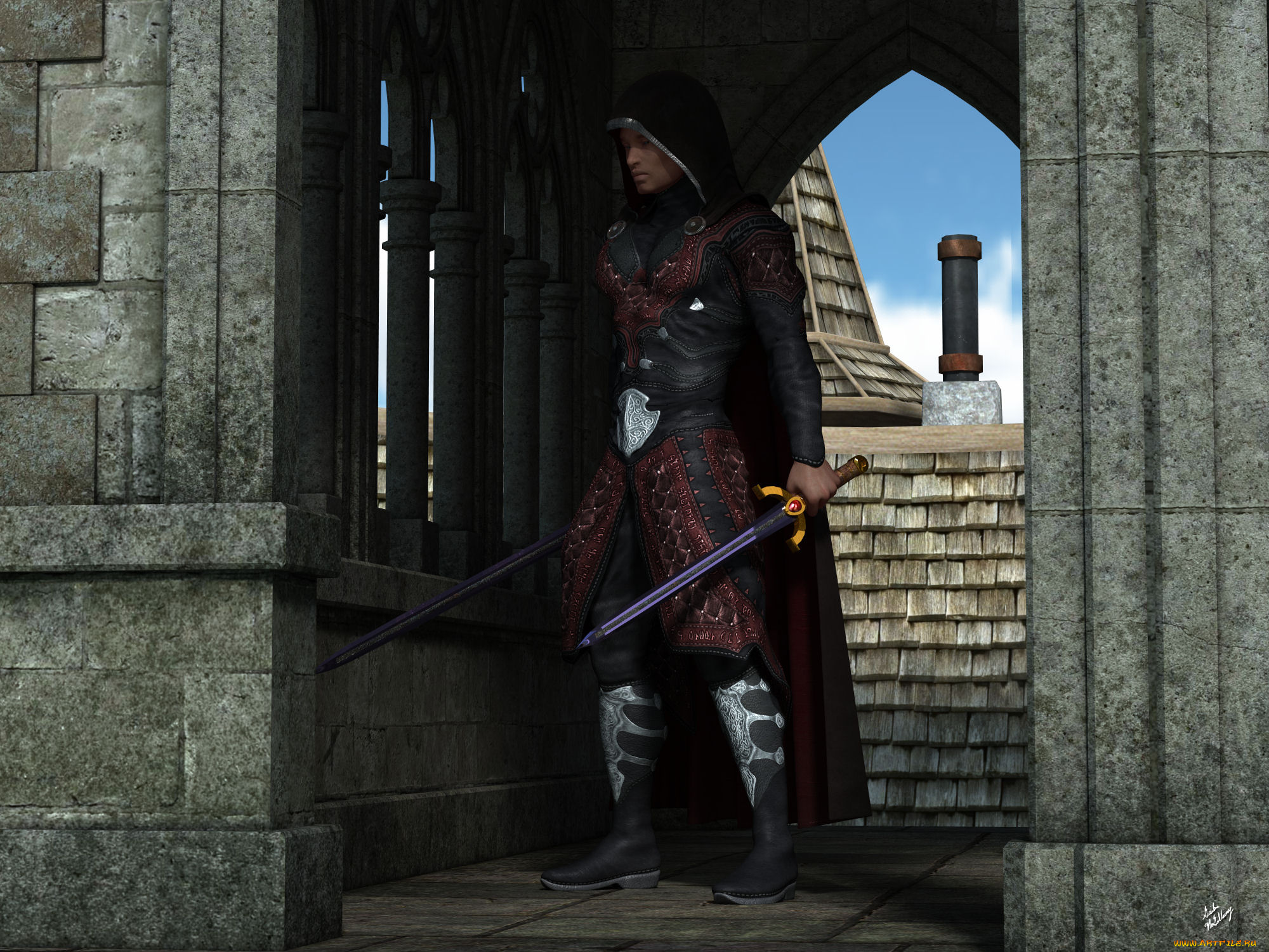 3д, графика, фантазия, , fantasy, взгляд, мужчина, фон, оружие