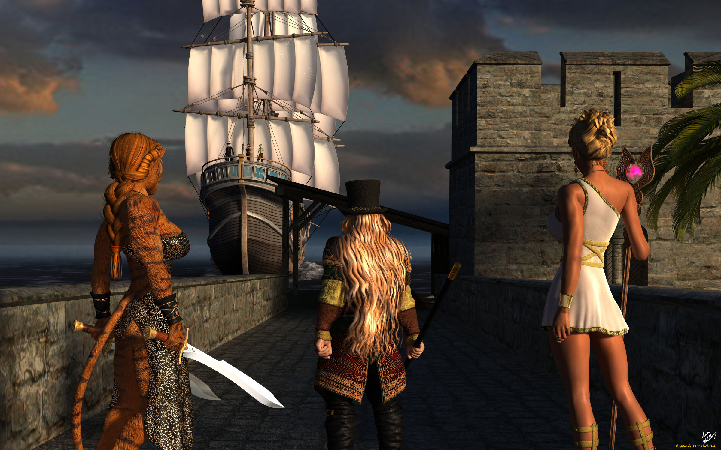 3д, графика, фантазия, , fantasy, девушки, взгляд, фон