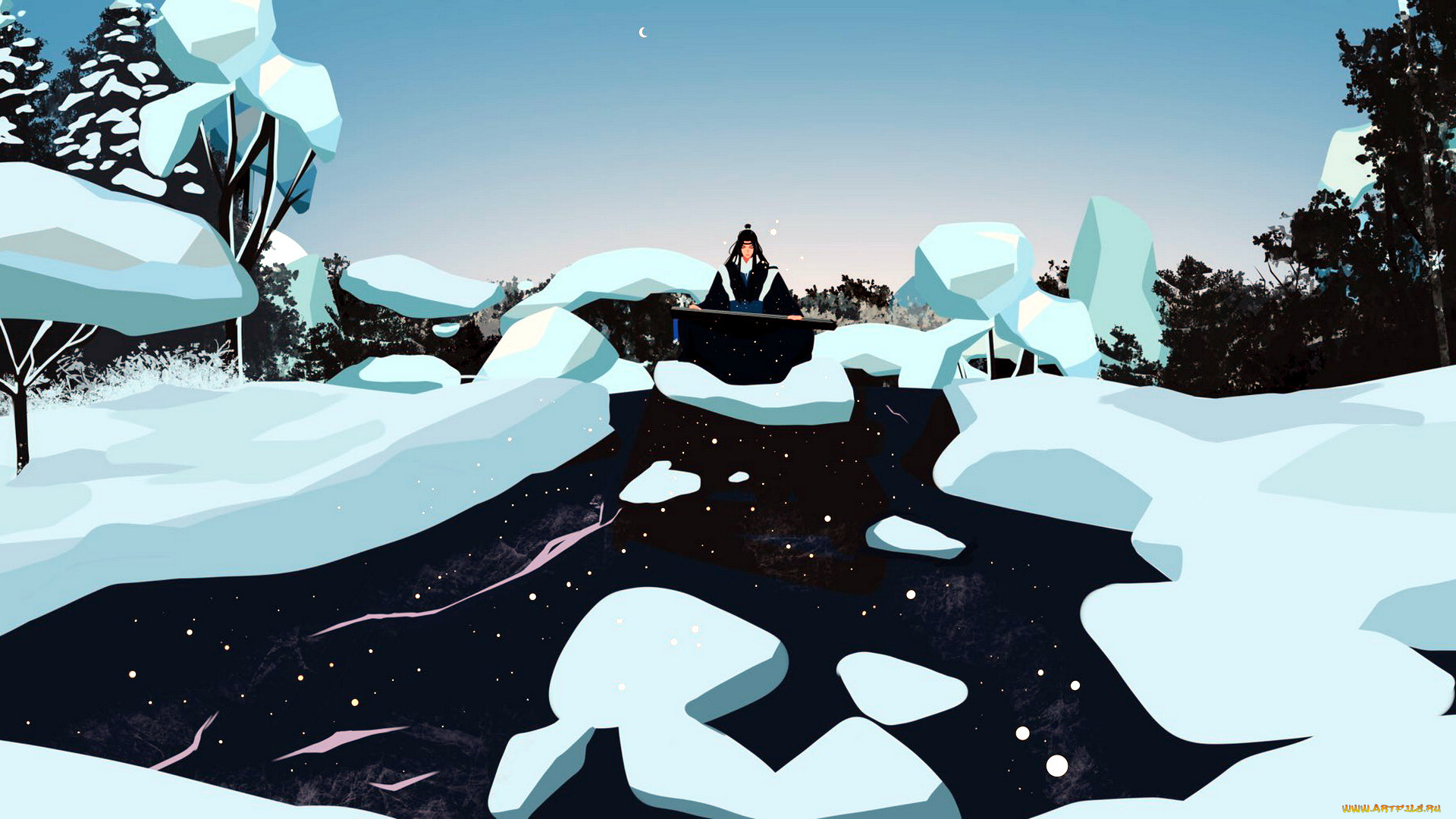 аниме, mo, dao, zu, shi, лань, ванцзи, река, лед, снег, гуцинь