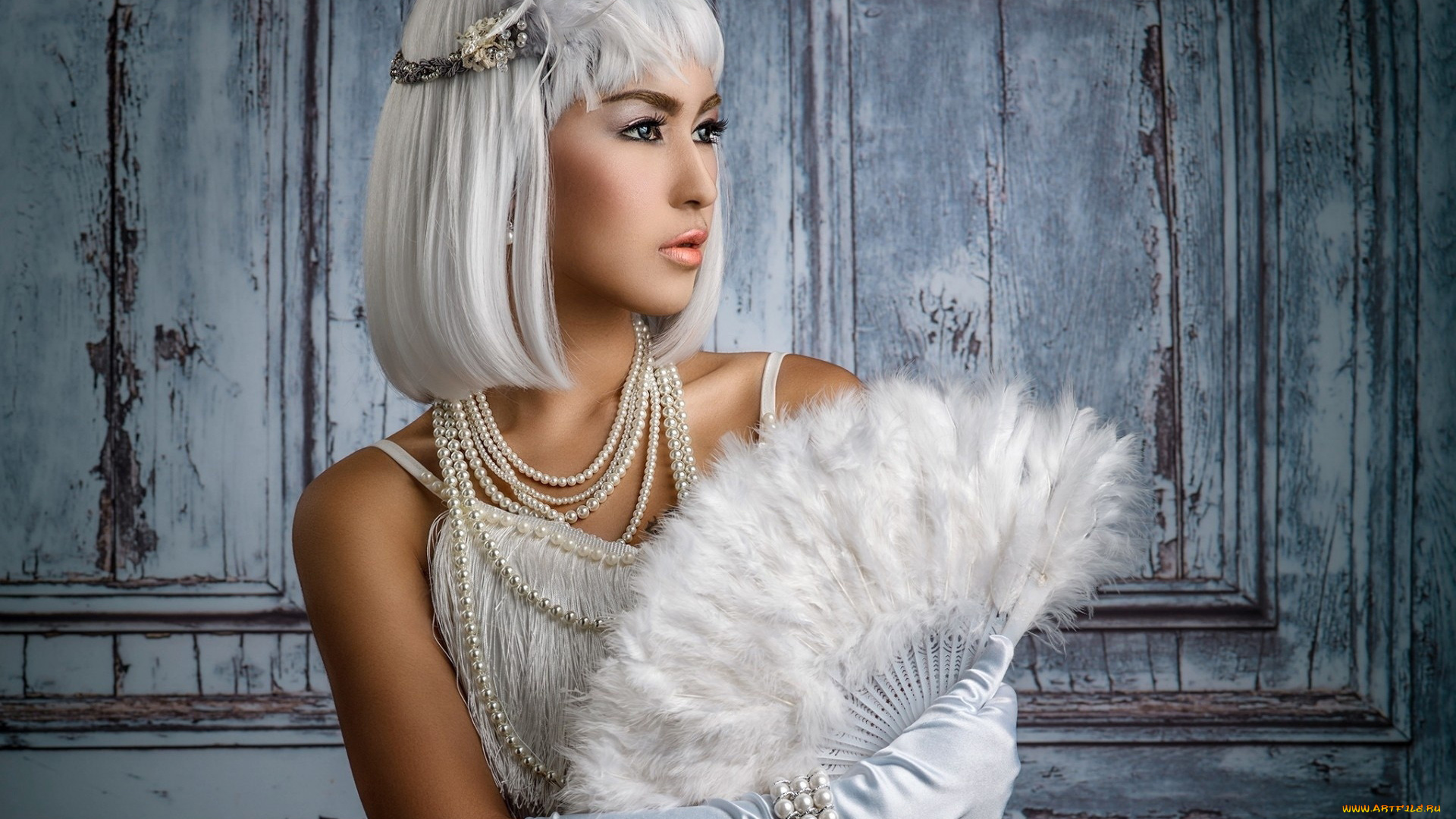 девушки, -, азиатки, бусы, веер