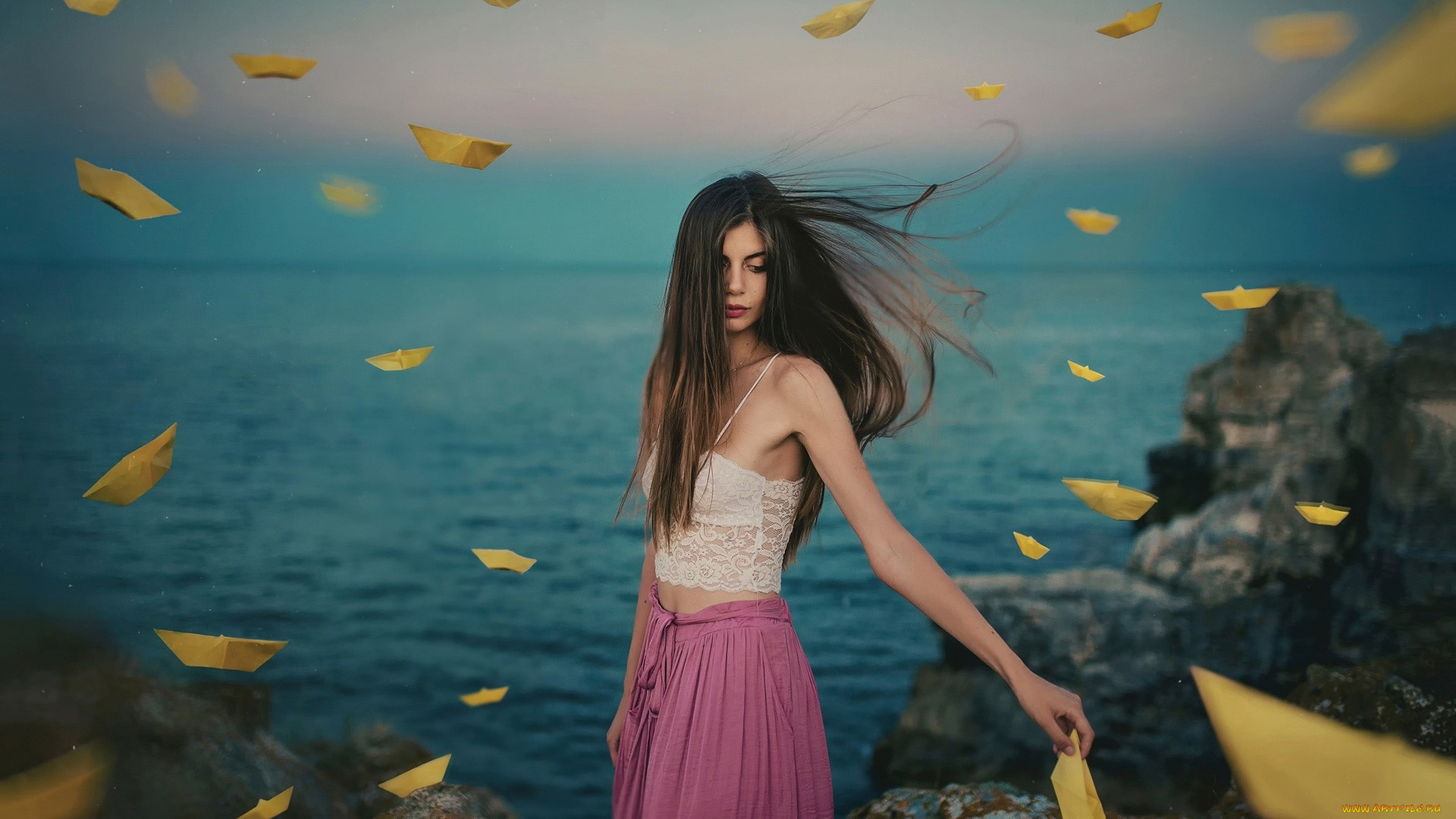 девушки, -, креатив, , косплей, море, бумажные, кораблики, креатив, stefani