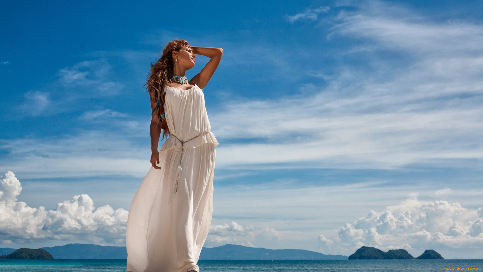 девушки, -, рыжеволосые, и, разноцветные, горы, море, облака, девушка