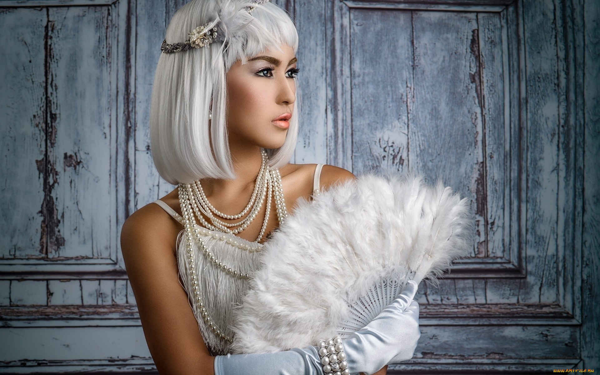 девушки, -, азиатки, бусы, веер