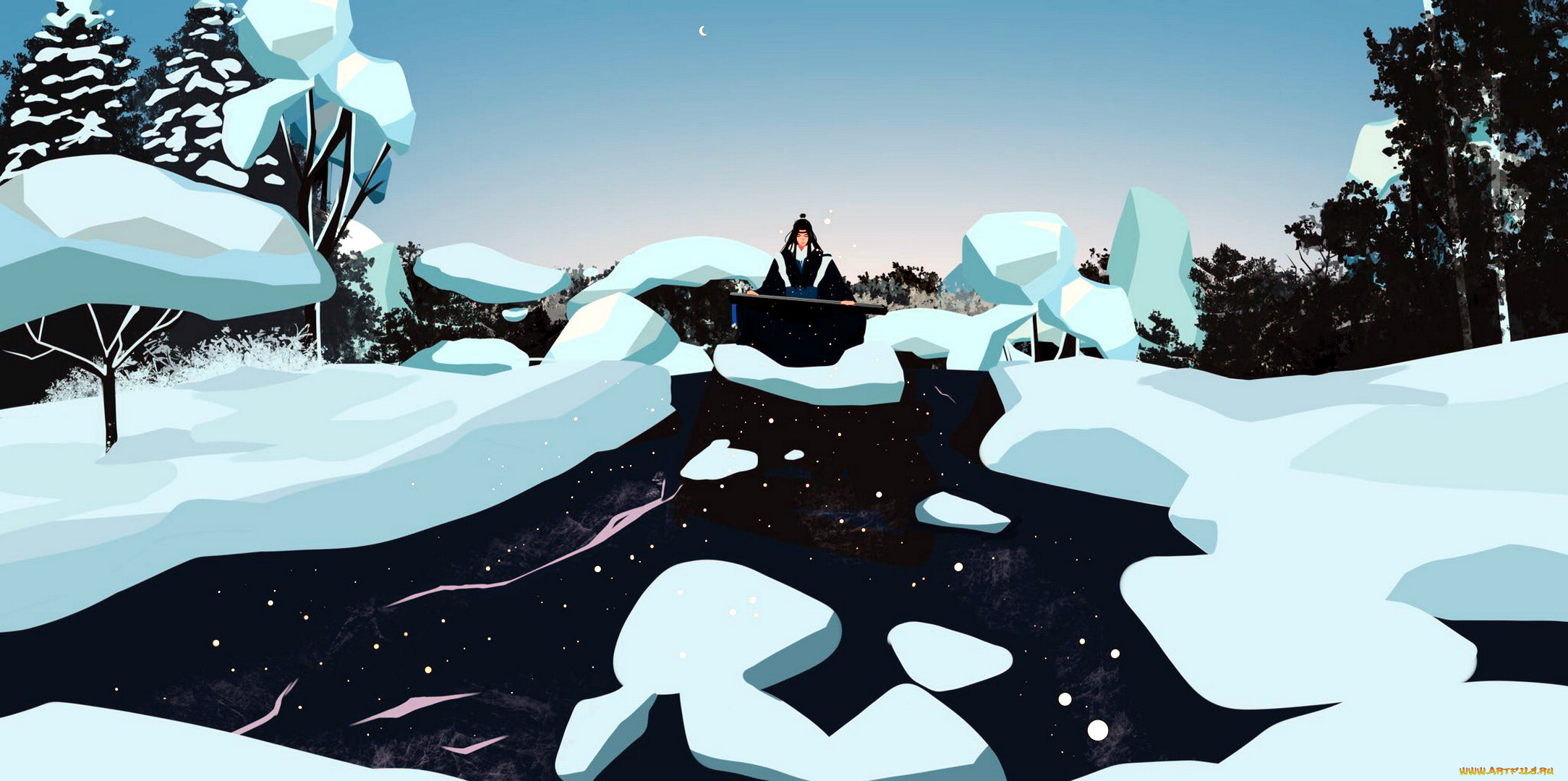 аниме, mo, dao, zu, shi, лань, ванцзи, река, лед, снег, гуцинь