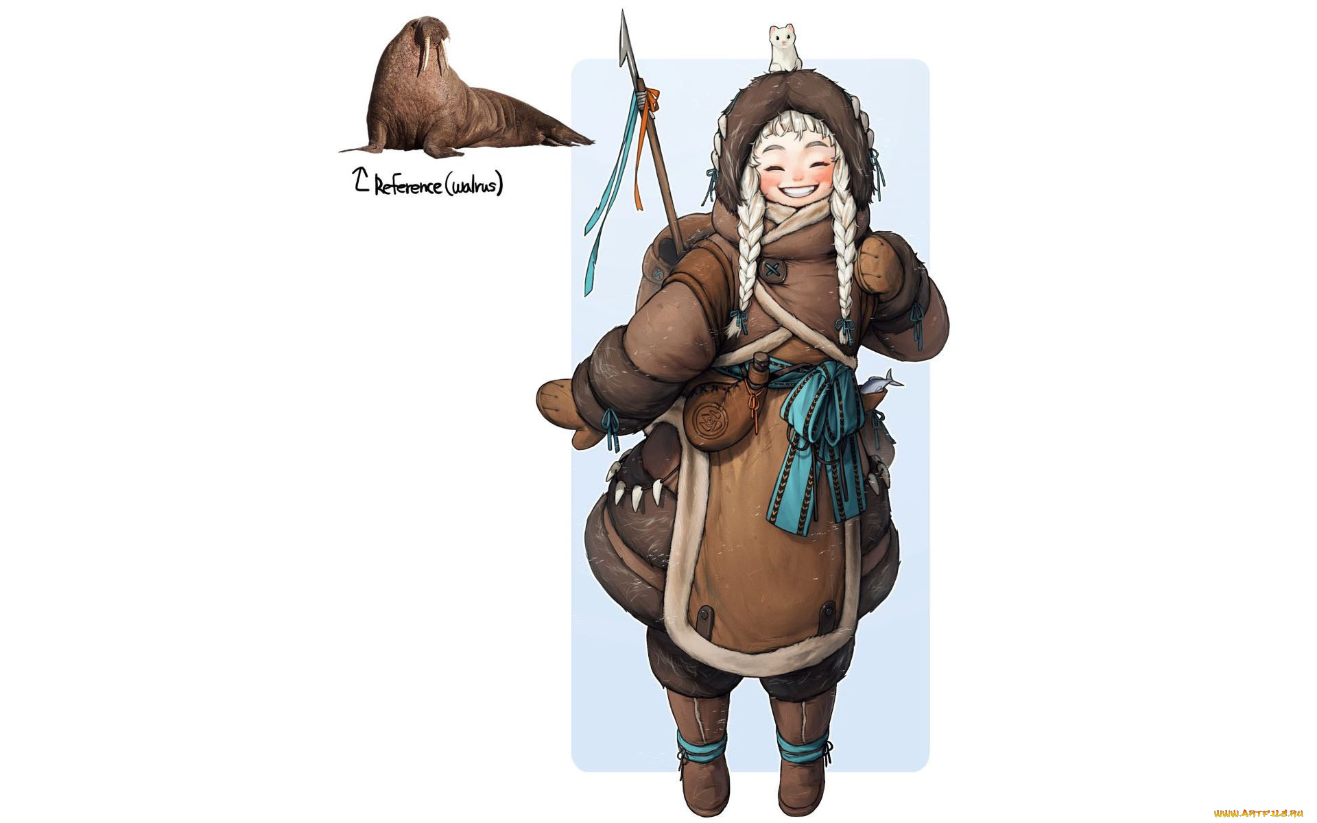 рисованное, люди, девушка, косы, шуба, морж