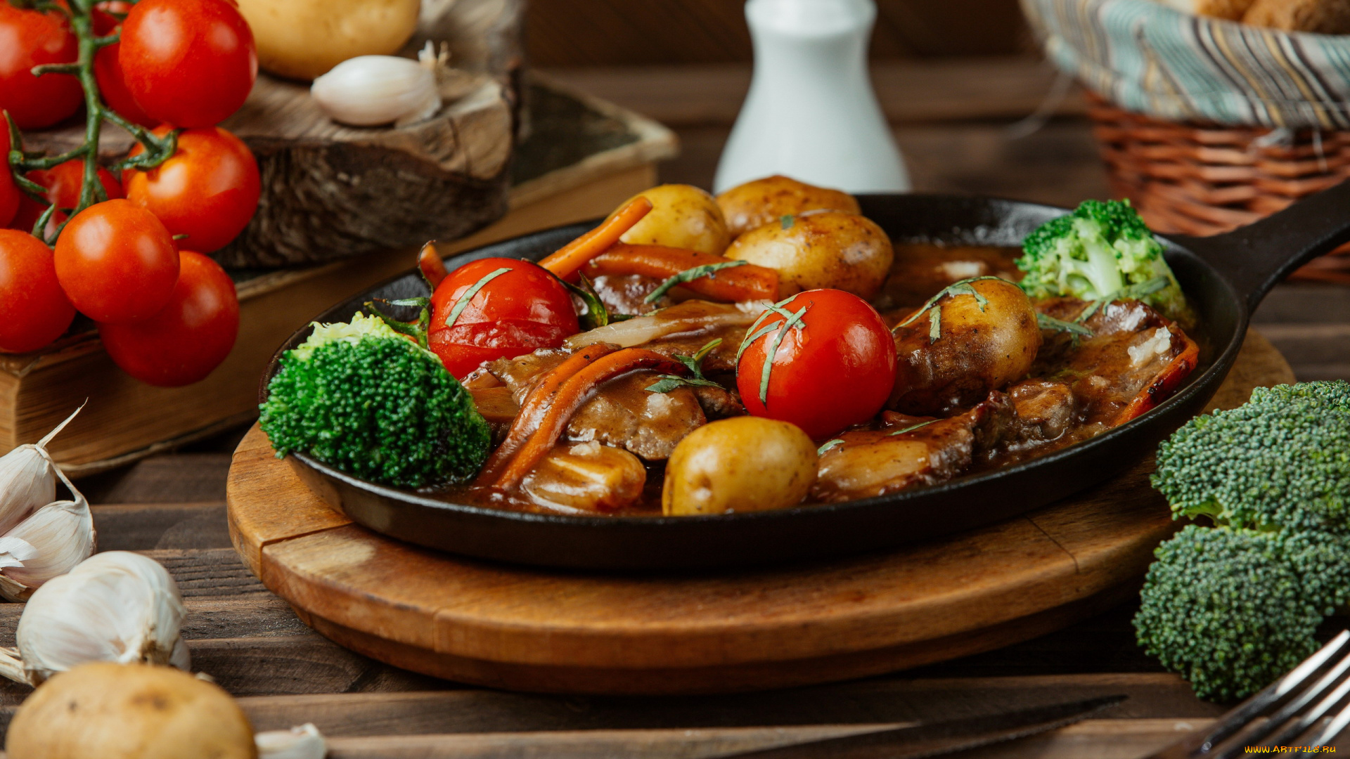 еда, овощи, помидоры, картофель, брокколи, чеснок