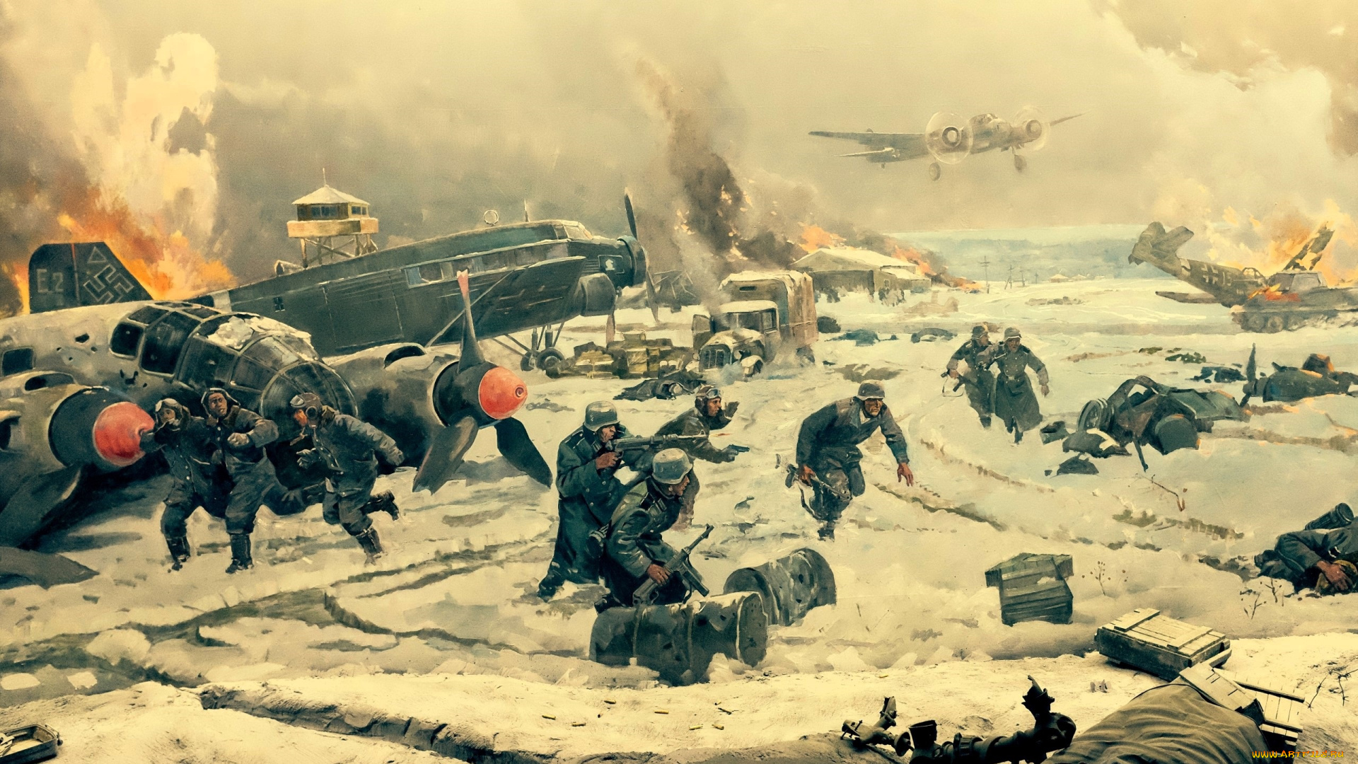 рисованное, живопись, война, зима, люди, немцы, самолет