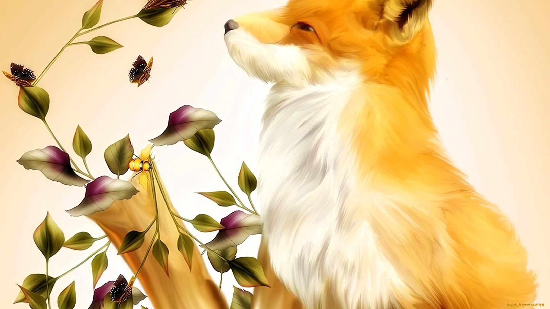 рисованное, животные, , лисы, лиса, бабочка, листья