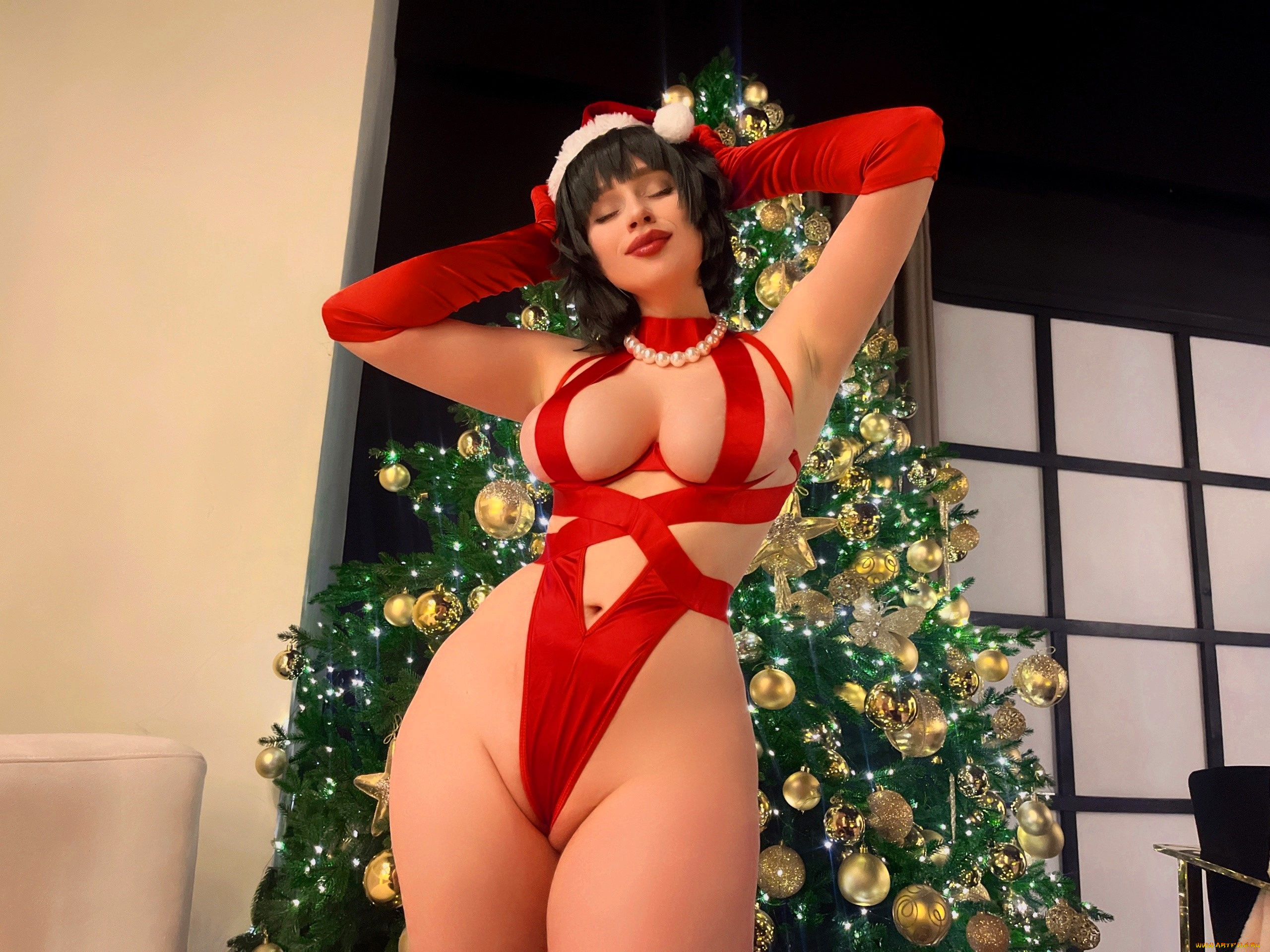 shadory, девушки, -, снегурочки, белье, ёлка, бусы