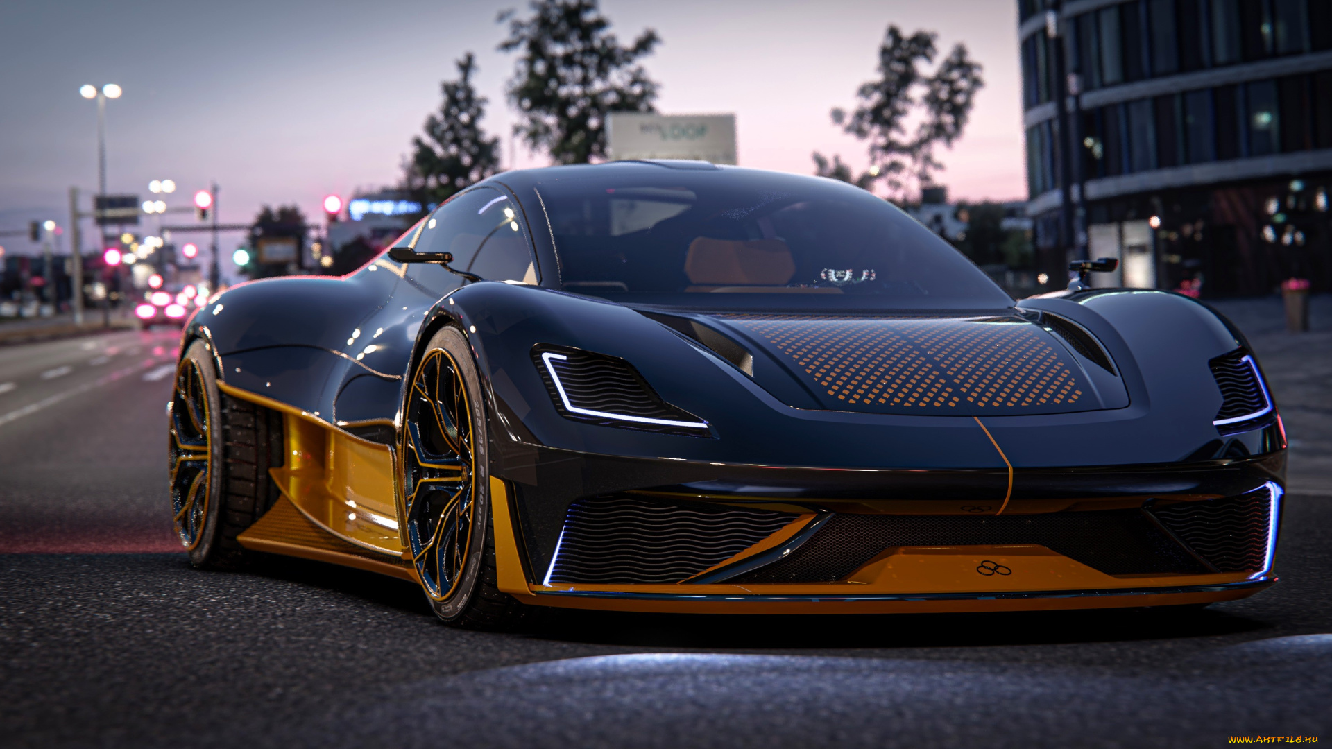 автомобили, 3д, синий, дорога, город, улица, здания