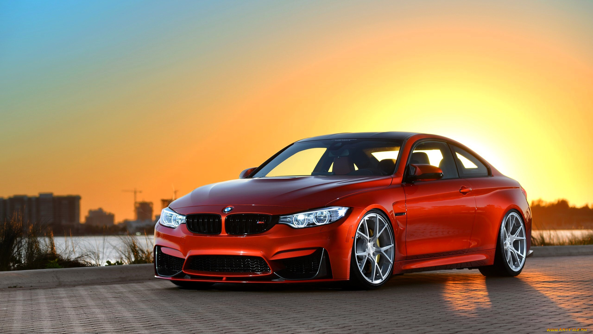 bmw, m4, автомобили, bmw, красный, площадка, пруд, дома