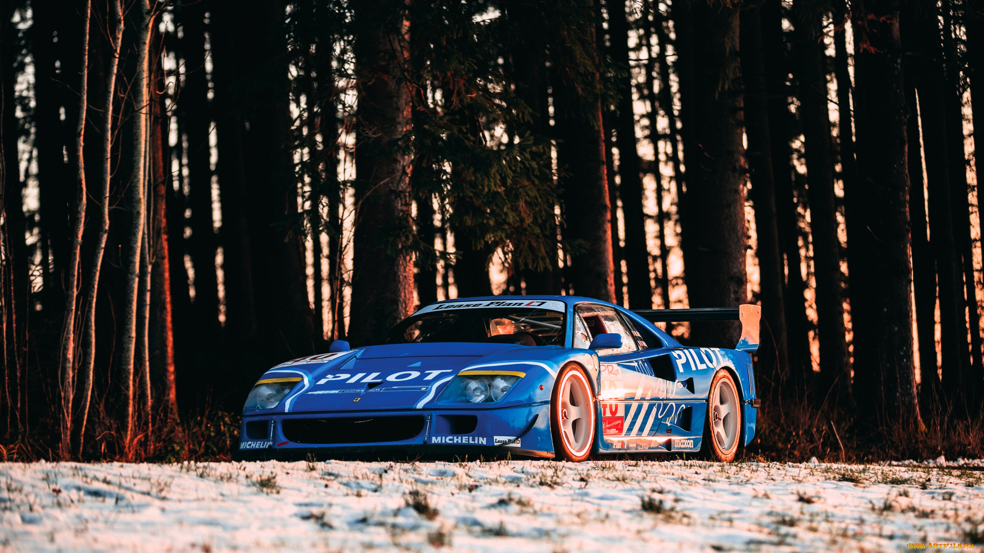 ferrari, f40, автомобили, ferrari, синий, лес, деревья, снег