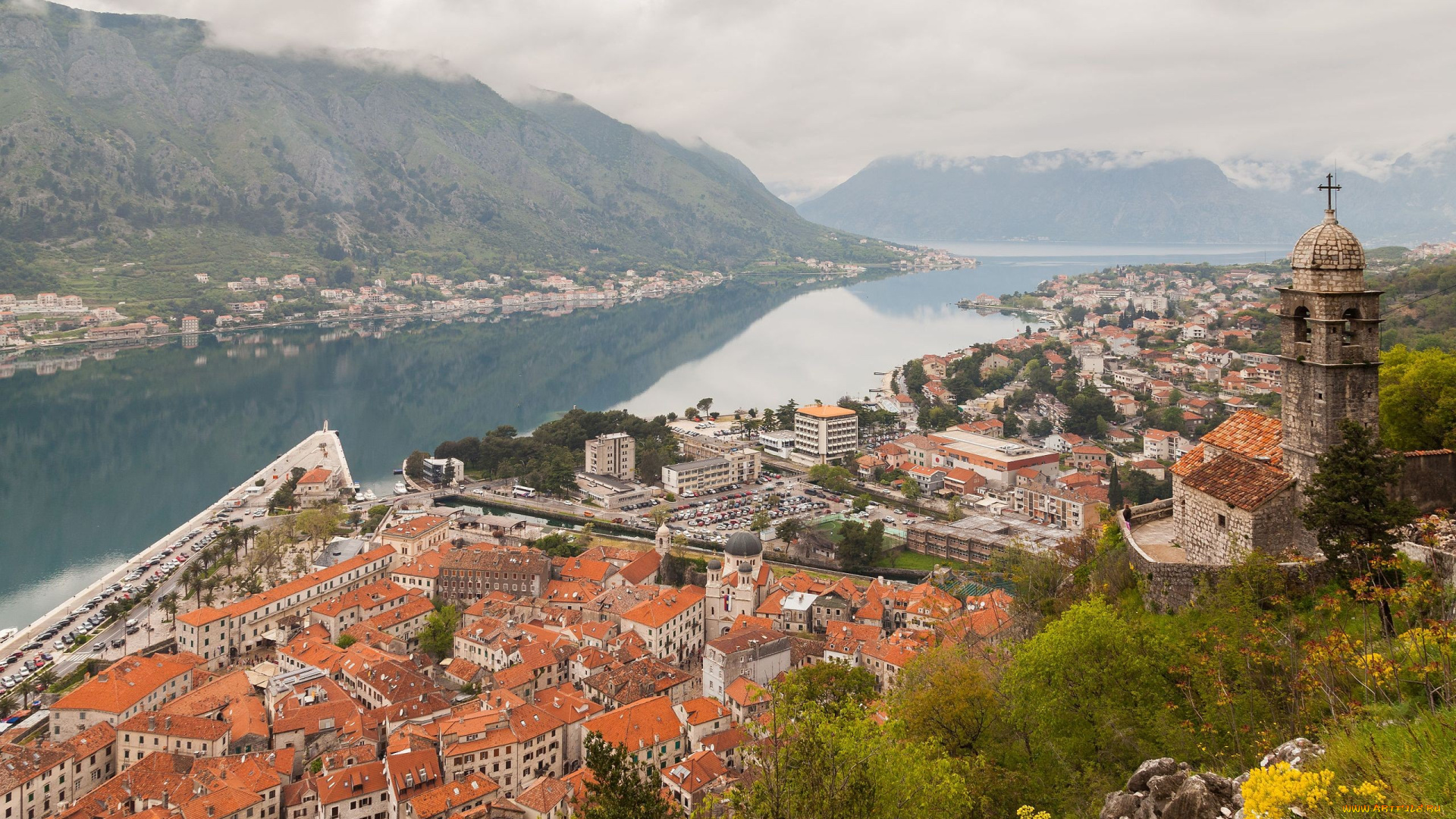 города, -, панорамы, котор, черногория, город, городской, пейзаж, здание, старое, река, горы, отражение, eвропа, архитектура, церковь, облака, холмы