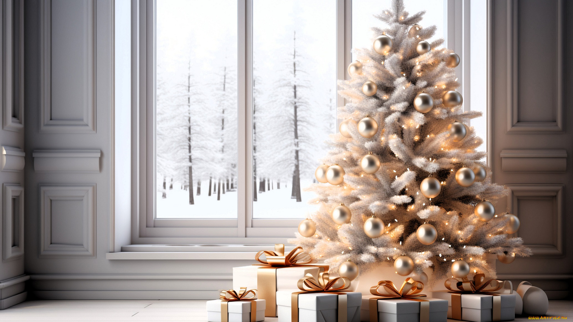 праздничные, ёлки, ёлка, подарки, окно, лес, снег
